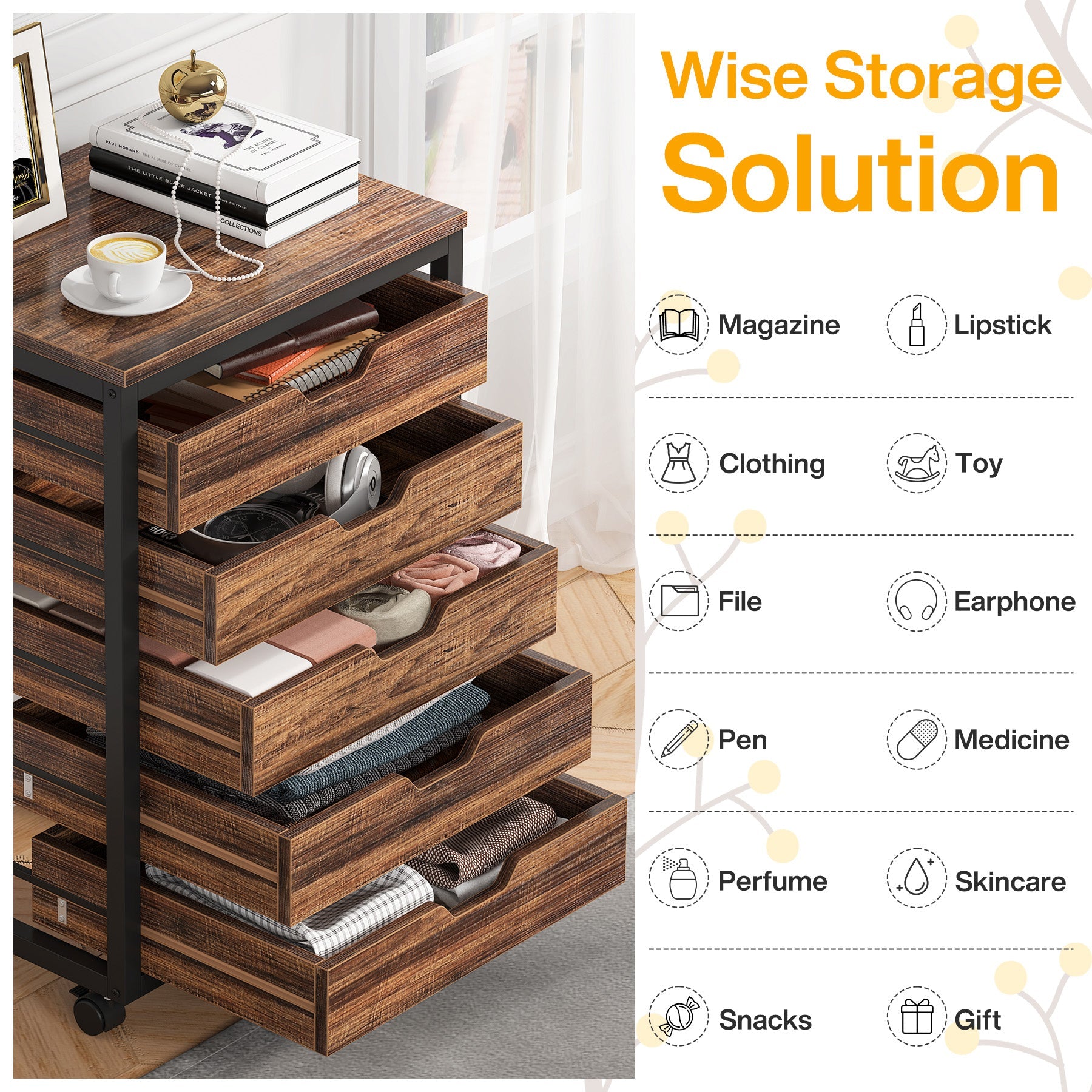 5/7 Drawer Wooden Storage Dresser Cabinet with Wheels - Perfect for Bedroom, Living Room & Office Organization