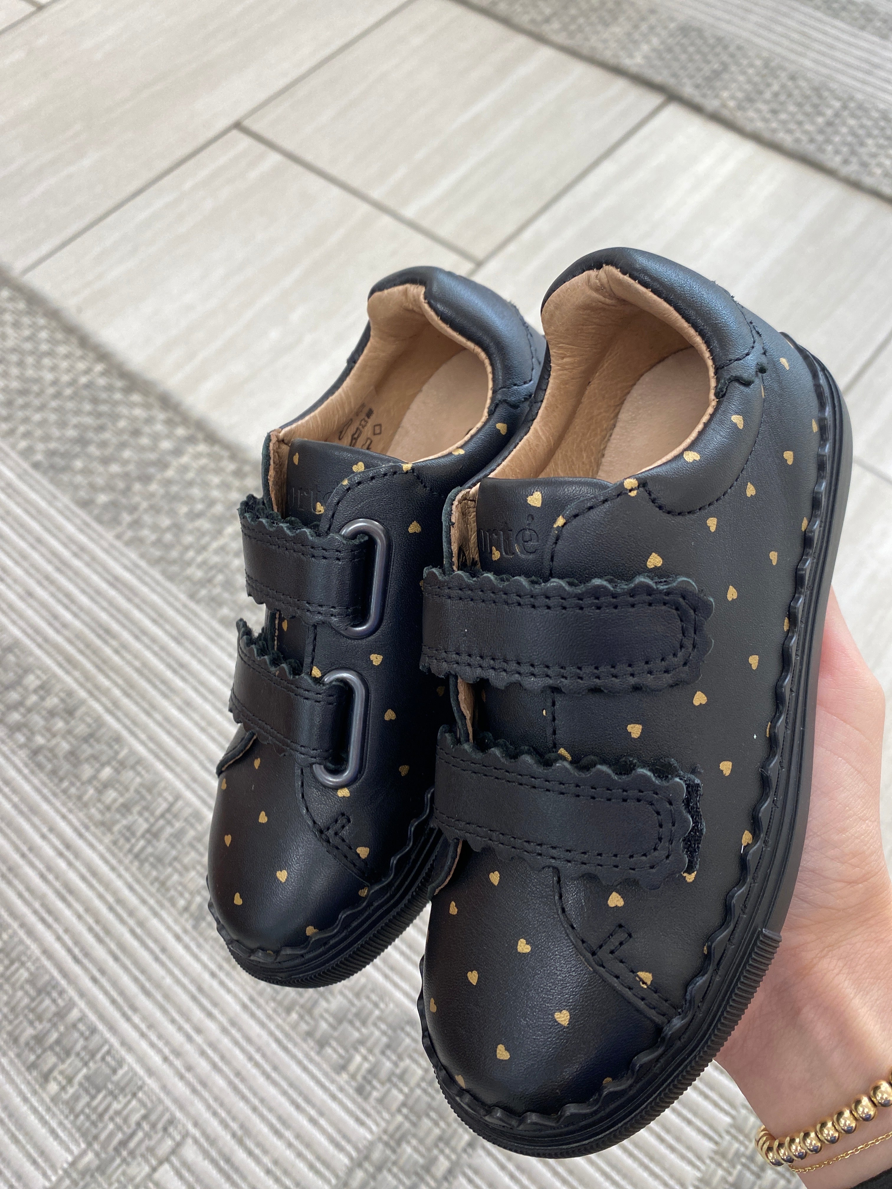 Black and Gold Heart Velcro Sneakers for Women - Comfortable Casual Walking Shoes - Perfect for School, Work, and Everyday Wear