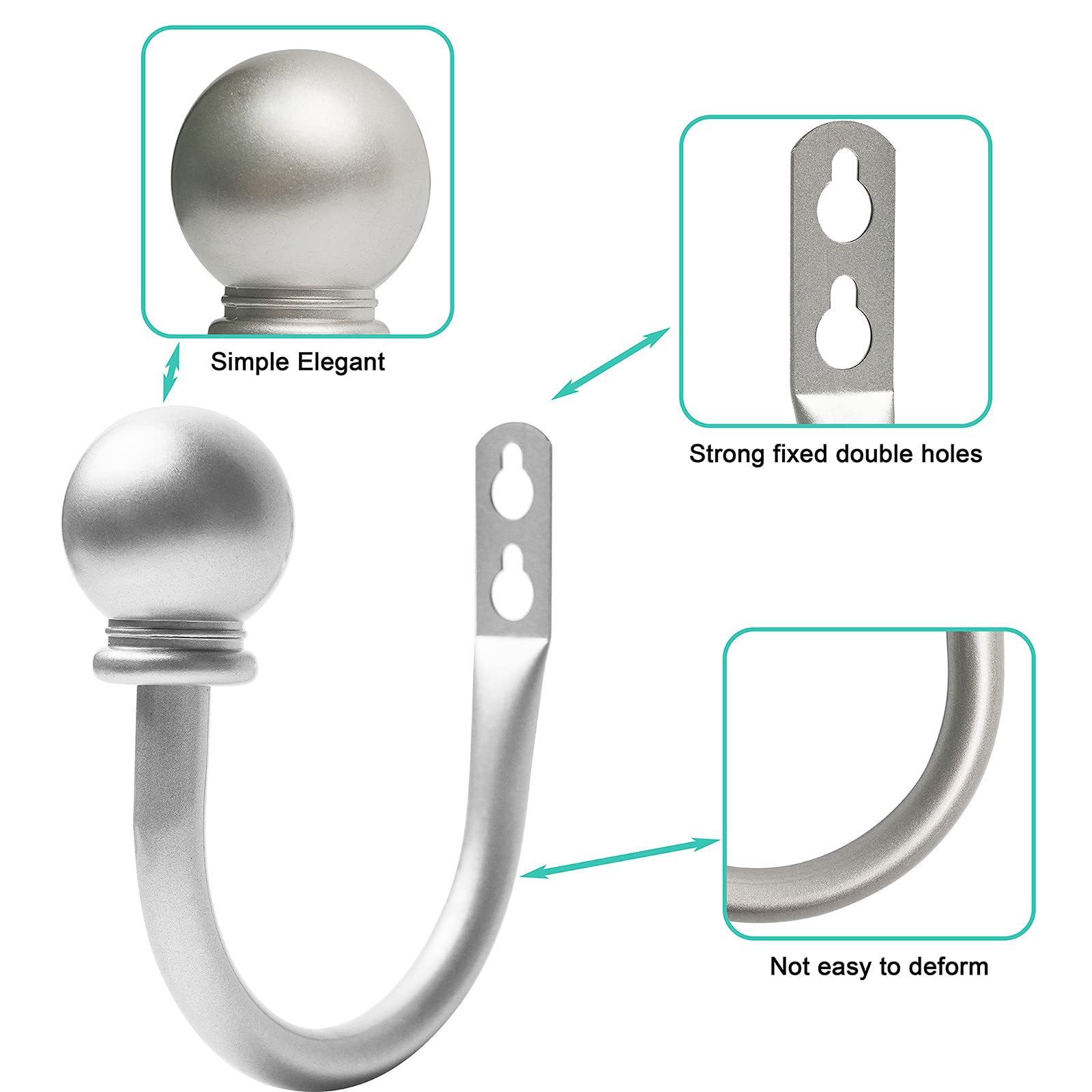 2 Pack Decorative Curtain Hooks for Drapes - Wall Mounted Drapery Holdbacks with Screws - Silver Finish for Bedroom, Living Room & Office - Perfect for Sheer & Heavy Curtains, Home Decor & Window Treatment