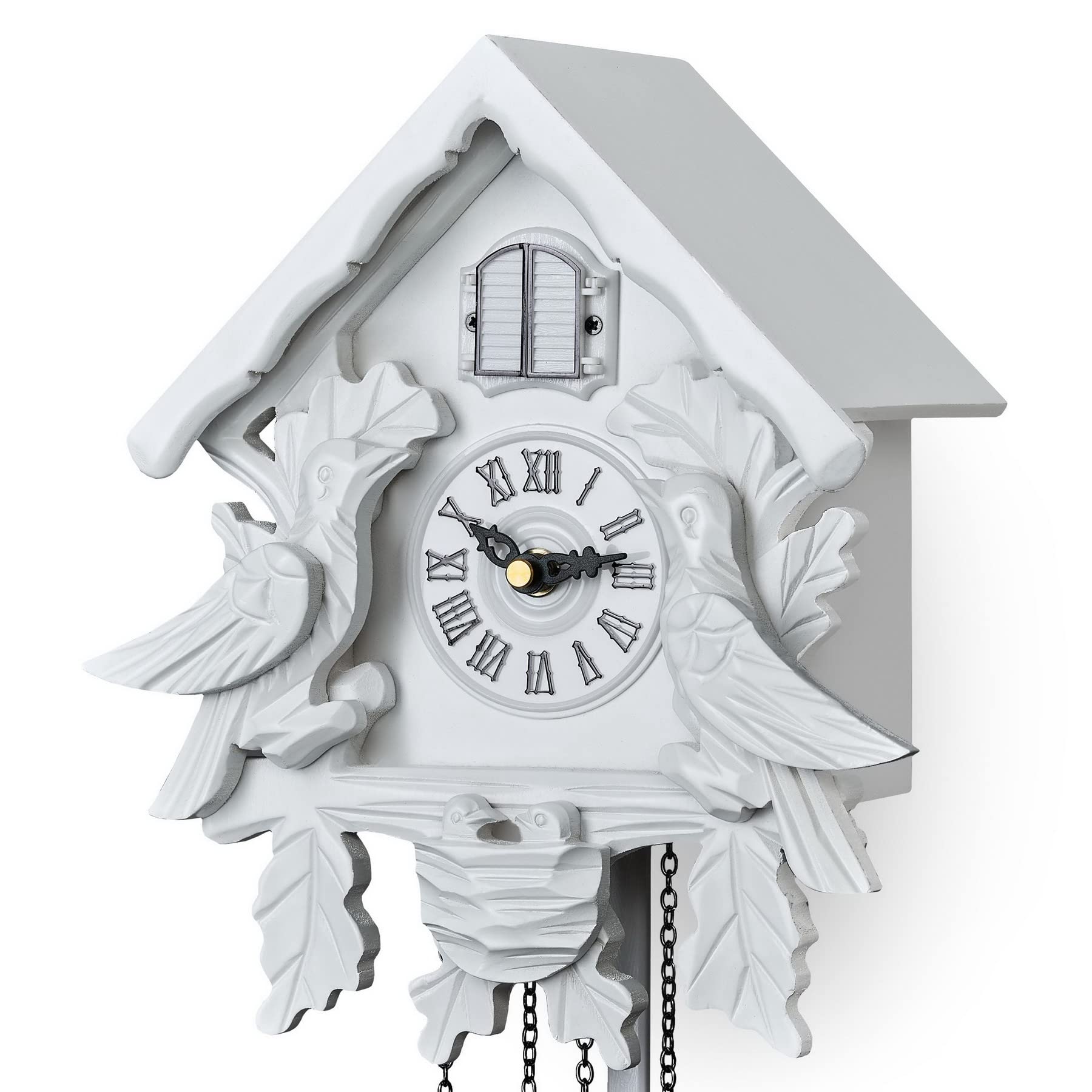 TIMEGEAR White Cuckoo Clock with Night Mode - Handcrafted Wooden Wall Clock with Singing Bird & Swinging Pendulum - Perfect for Living Room, Bedroom & Cabin Decor
