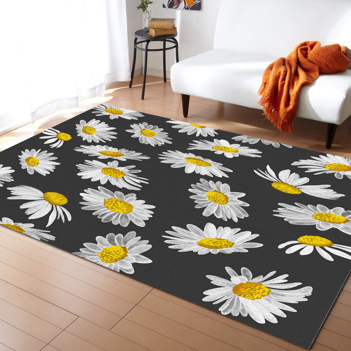 3'x5' White Daisy Flowers Black Background Area Runner Rug - Washable Indoor Outdoor Carpet for Kitchen, Living Room, Bathroom, Bedroom, Classroom & Laundry Room - Non-Slip Doormat, Welcome Mat, Desk Floor Mat for Home & Office Decor