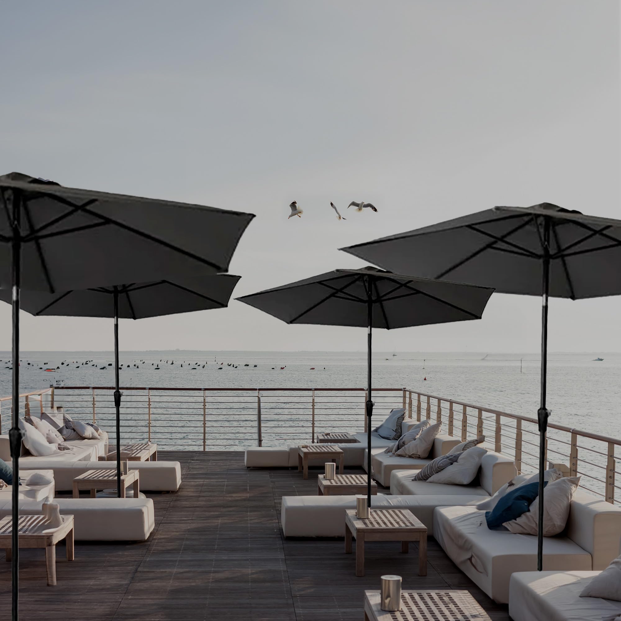 9 Foot Campton Hills Market Umbrella - Round Sling Fabric Outdoor Patio Umbrella with Auto Crank & Tilt - Gray/Brown Shade Canopy for Backyard, Poolside, and Garden Relaxation