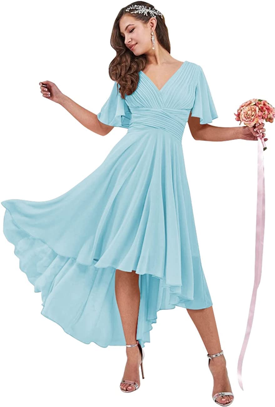 DDIFLYCR Women's Elegant V-Neck High-Low Chiffon Bridesmaid Dress with Flutter Sleeves - Prom, Wedding Guest & Party Gown - Perfect for Formal Events, Evening Parties & Special Occasions