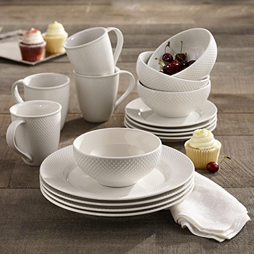 Elle Décor 16-Piece Round Porcelain Dinnerware Set - 4 Dinner Plates, 4 Salad Plates, 4 Bowls & 4 Mugs - Elegant Tableware for Dining, Entertaining & Gifts (Weddings, Birthdays, Housewarming)