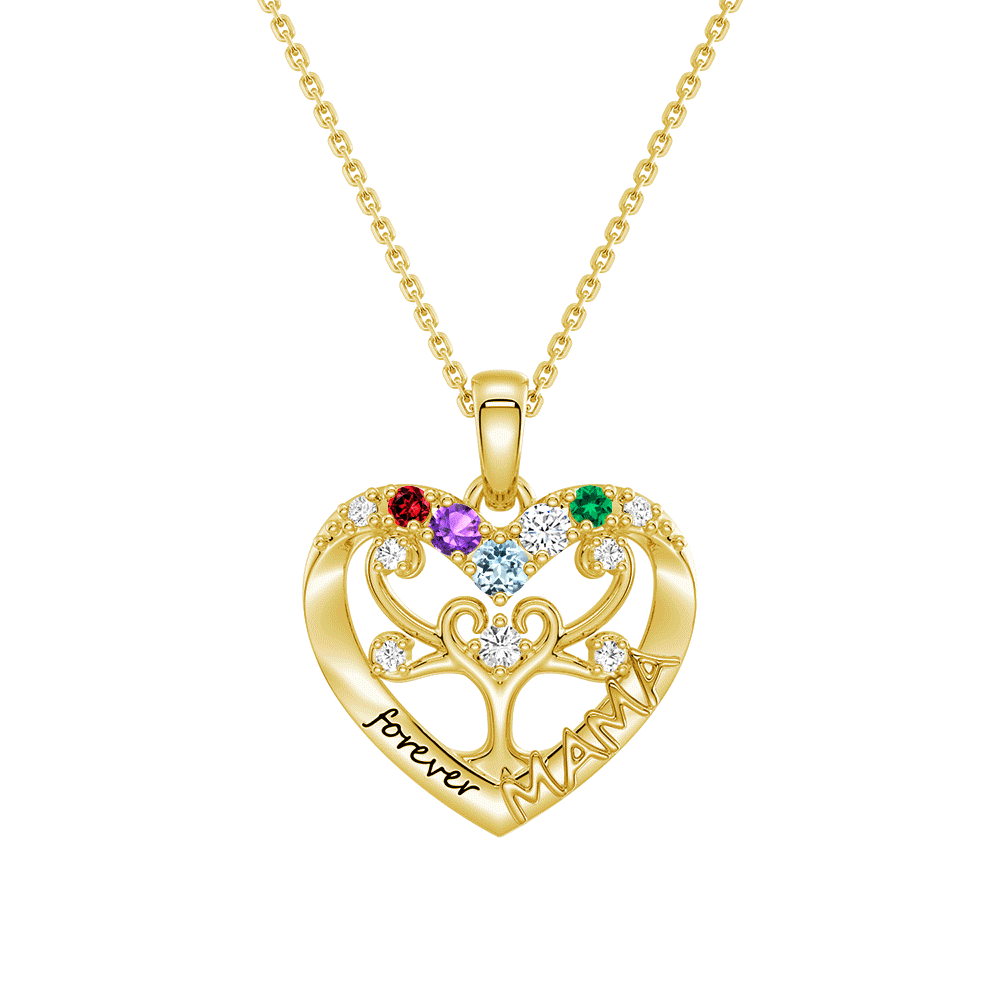 Custom Birthstone Heart Tree Necklace - Personalized Forever MAMA Pendant Jewelry Gift for Mom, Women, Wife | Mother's Day, Birthday, Anniversary Present | Elegant Everyday Wear & Special Occasions