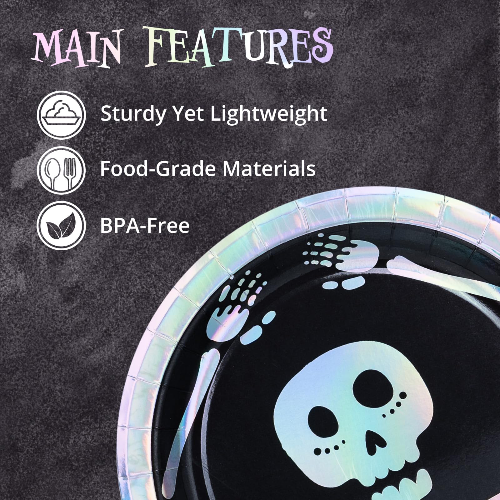 Halloween Paper Plates 50 Count - Disposable Halloween Dinner Plates with Skeleton & Iridescent Silver Foil Design - Perfect for Halloween Party Decorations, Trick or Treat Gatherings, and Spooky Themed Events
