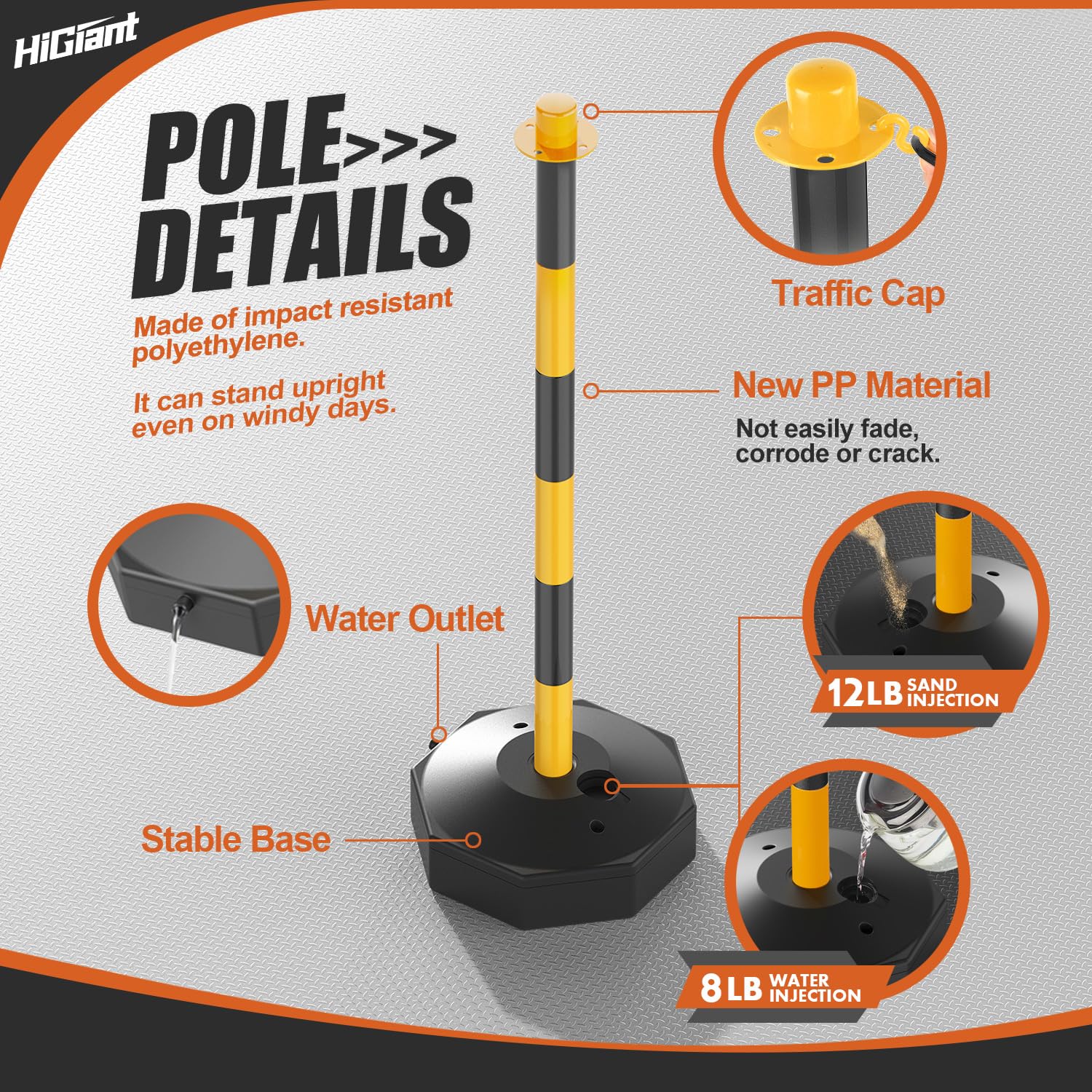 HiGiant 4 Pack Portable Delineator Cones with Fillable Base - Expandable Traffic Safety Barriers, 8Ft Chain Stanchion for Parking Lots, Construction Sites & Road Work | Black & Yellow Safety Cones for Crowd Control & Event Management