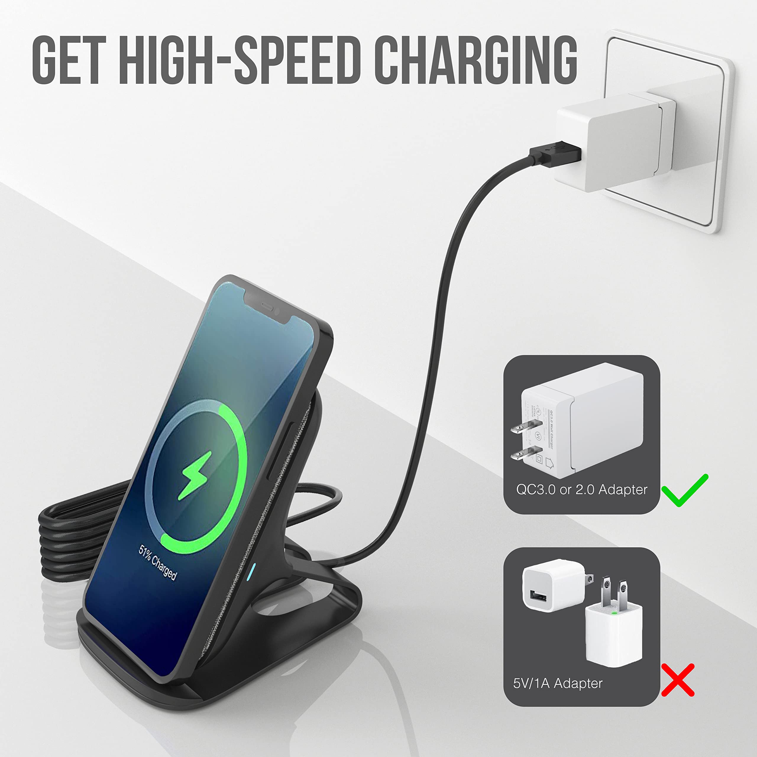 SPIOCEAN Fast Wireless Charger Stand - Qi-Certified 10W Max Charging Pad for iPhone 16/15/14/13/12/11 Pro Max/Mini/SE & Samsung Galaxy S22/S21/S20/S10/S9/Note 20 - Perfect for Bedside, Office & Car Charging (AC Adapter Not Included)