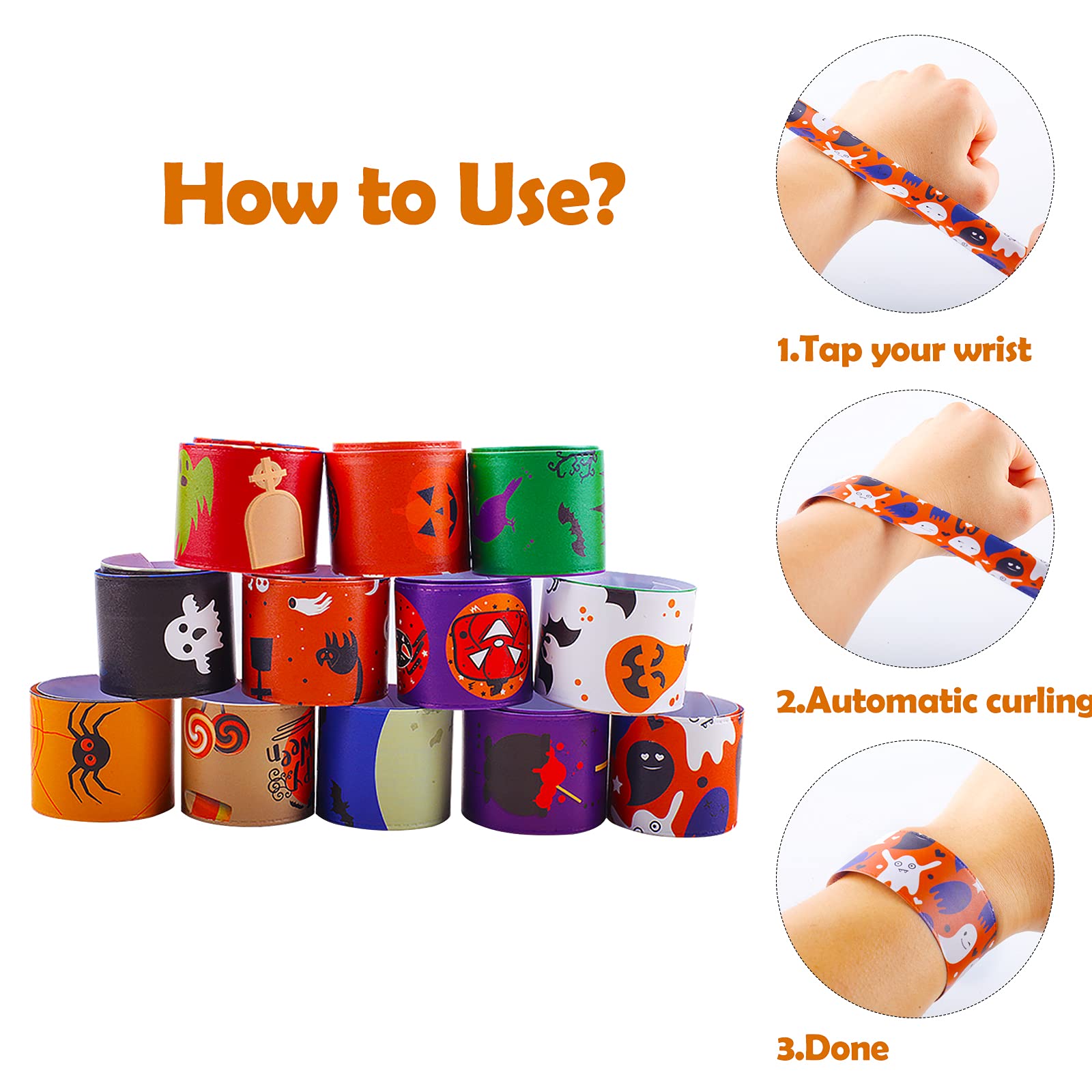 36 Pcs Halloween Slap Bracelets for Kids - Bulk Party Favors, 12 Unique Designs - Perfect for Trick or Treat Bags, Classroom Rewards & Costume Accessories