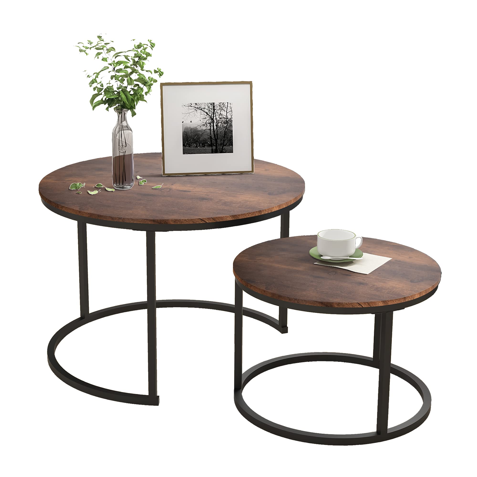 Industrial Round Coffee Table Set of 2 - Wood Look End Tables with Metal Frame for Living Room - Stackable Side Tables, Sturdy & Easy Assembly - Black & Rustic Brown - Perfect for Small Spaces, Home Decor, and Modern Interior Design