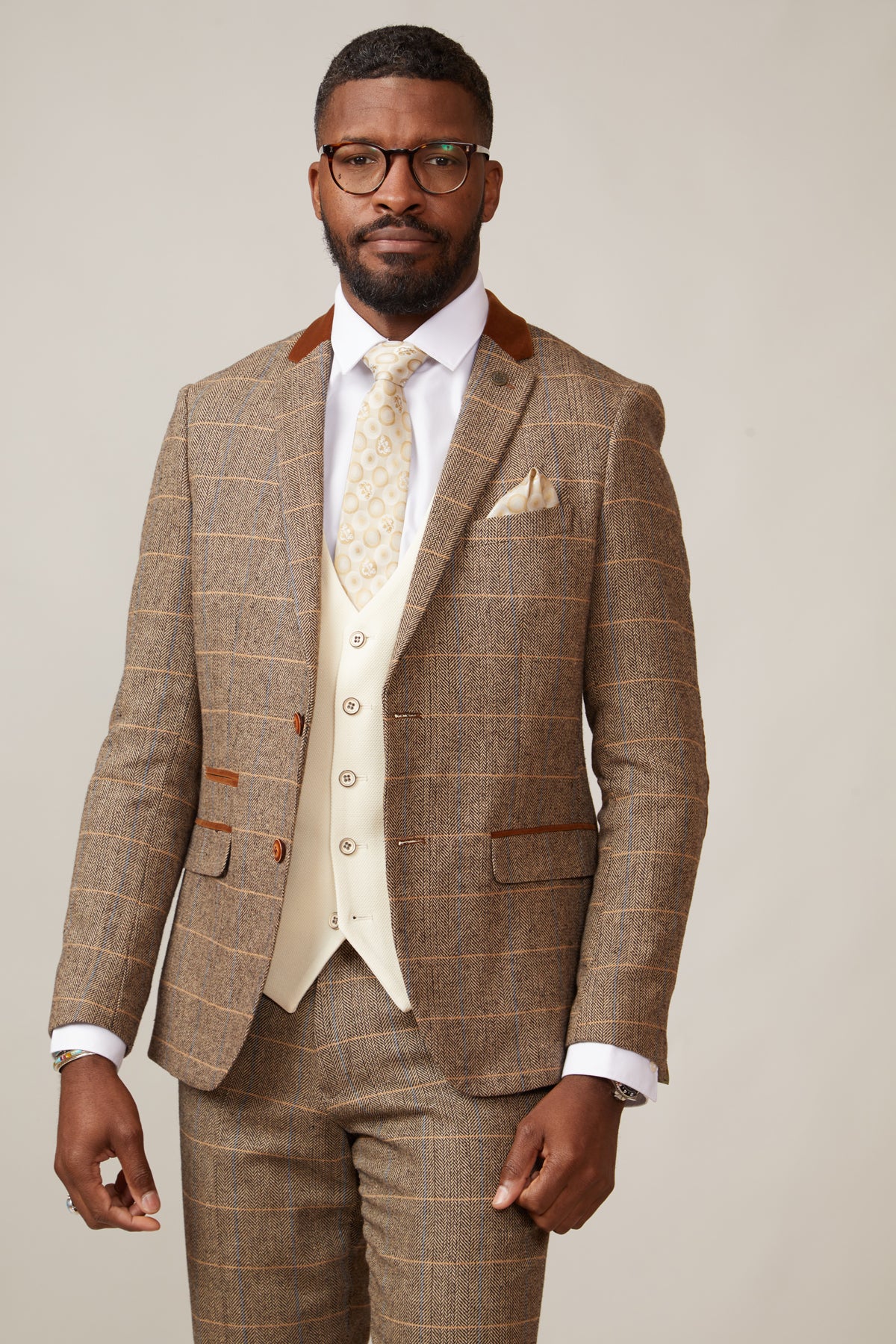 DX7 Tan Tweed Check Suit with Kelvin Cream Waistcoat - Classic 3-Piece Wedding & Business Formal Attire for Men