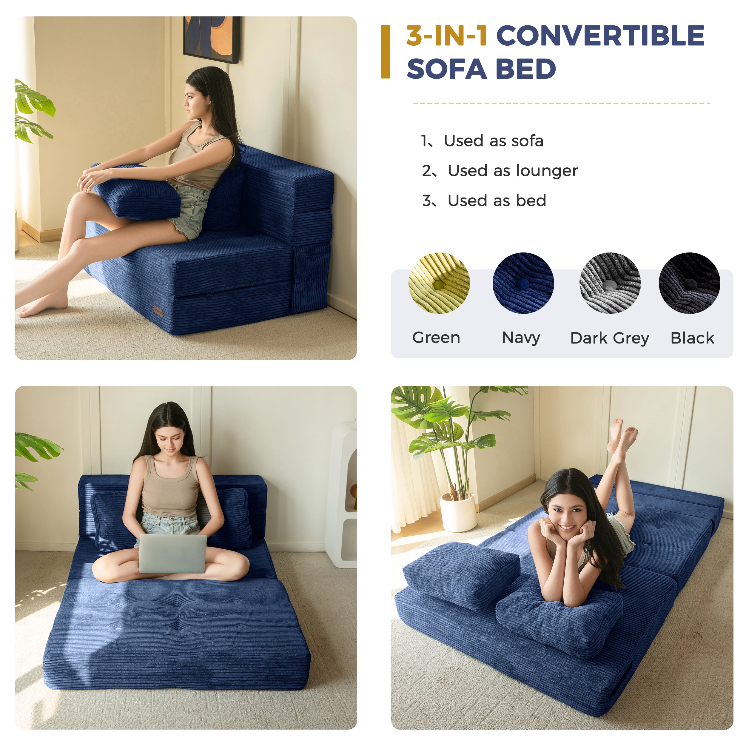 MAXYOYO 3-in-1 Convertible Sofa Bed - Fold Out Single Sleeper Sofa with Pillow, Foam Floor Couch & Lazy Chair for Living Room, Bedroom, Guest Room (Navy Blue) | Perfect for Small Spaces, Overnight Guests & Relaxing