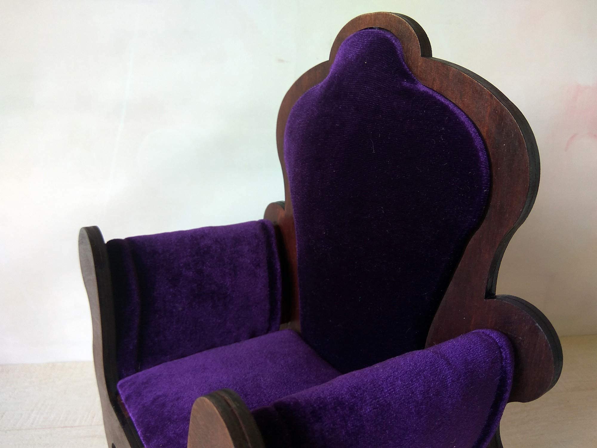 1:6 Scale Miniature Dollhouse Throne Chair - Handmade Wooden Furniture with Velvet Upholstery for Doll Display, Photography & Collectibles