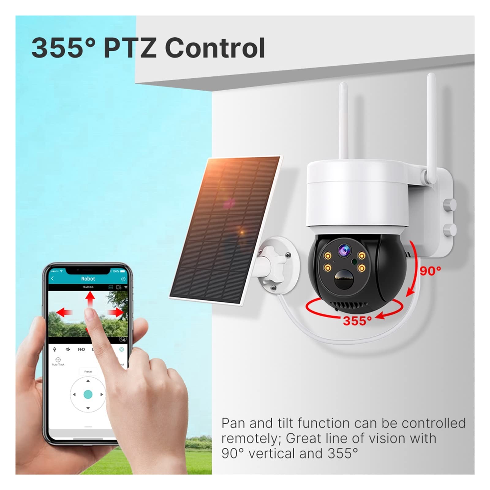 MZZYG 1080P HD Solar Security Camera with WiFi, PTZ, Human Detection & 4000mAh Battery - Includes 64GB SD Card - Ideal for Home, Outdoor, and Business Surveillance