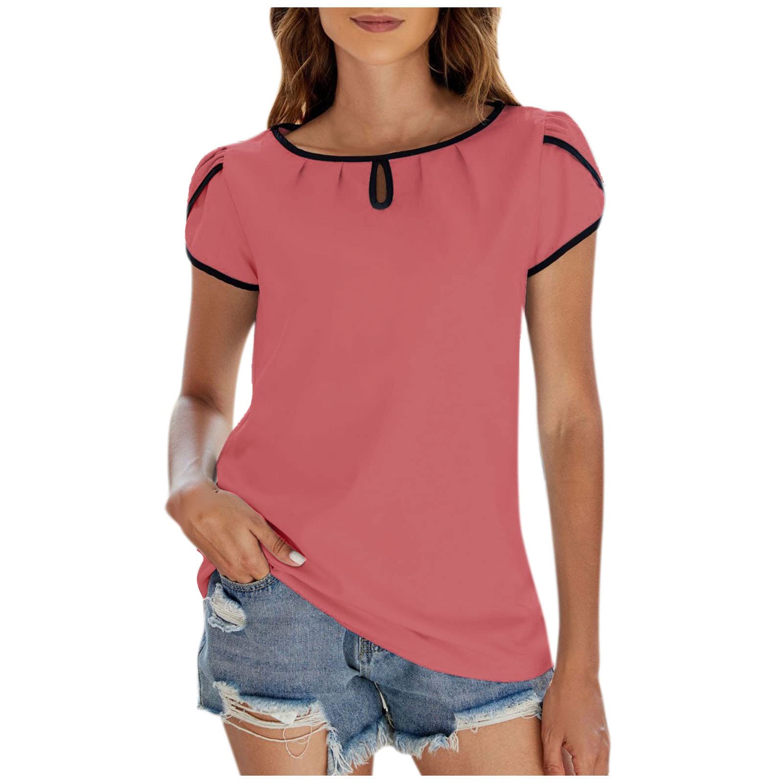Women's Round Neck Short Sleeve T-Shirt - Summer Solid Color Blouse with Cut Out Design | Trendy Casual Tee for Everyday Wear, Beach Outings & Date Nights