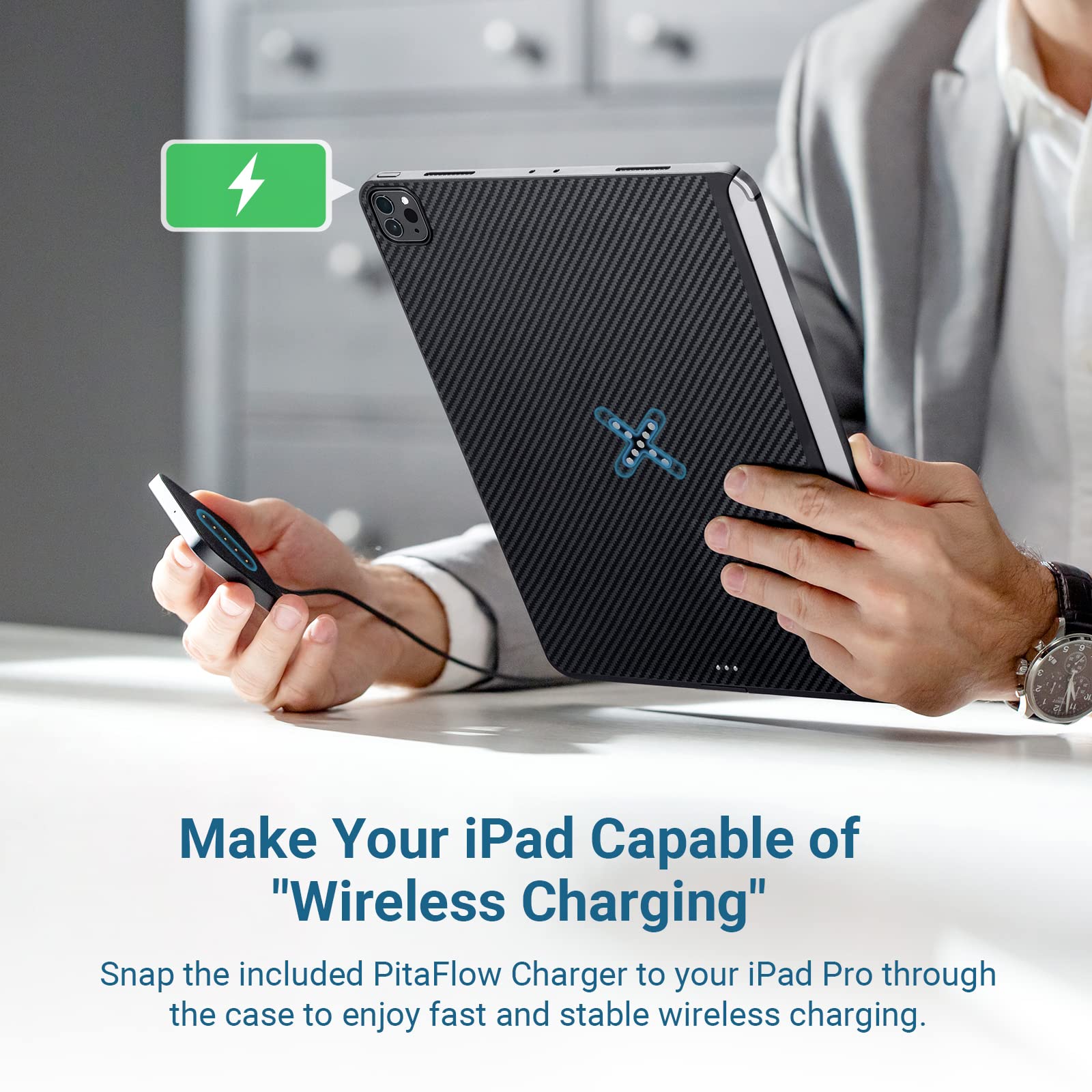 PITAKA Magnetic Wireless Charging Case for iPad Pro 12.9 (2021/2022) - 1500D Aramid Fiber Protective Cover Compatible with Magic Keyboard & Apple Pencil 2 Charging | Slim Durable Black/Grey Design for Work, Travel & Home Use