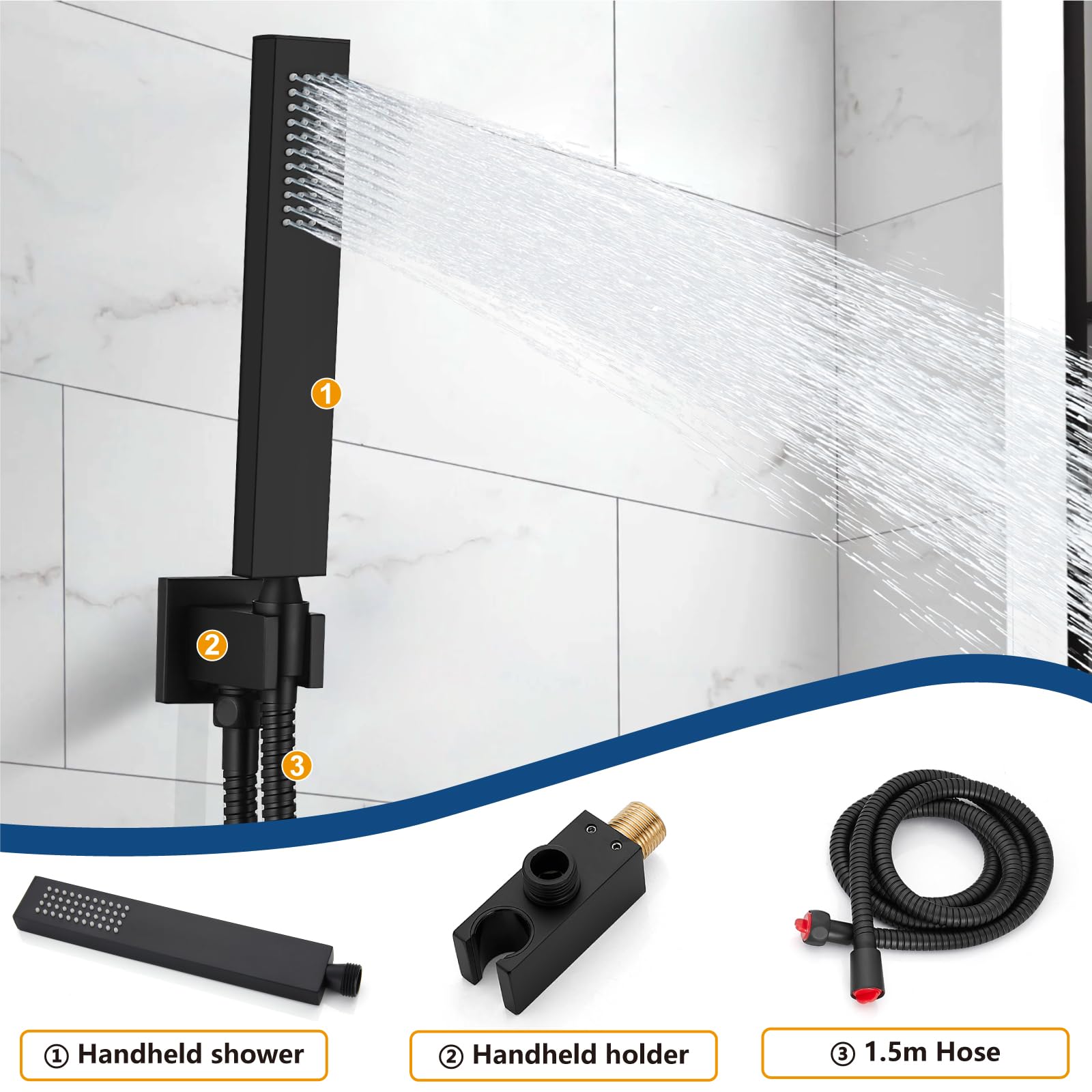 Midanya 10 Inch Square Rainfall Shower System - Matte Black Wall Mount Shower Head with Hand Sprayer, Rough-in Valve & Bathroom Mixer Trim Kit - Perfect for Modern Luxury Bathrooms and Spa-Like Shower Experience