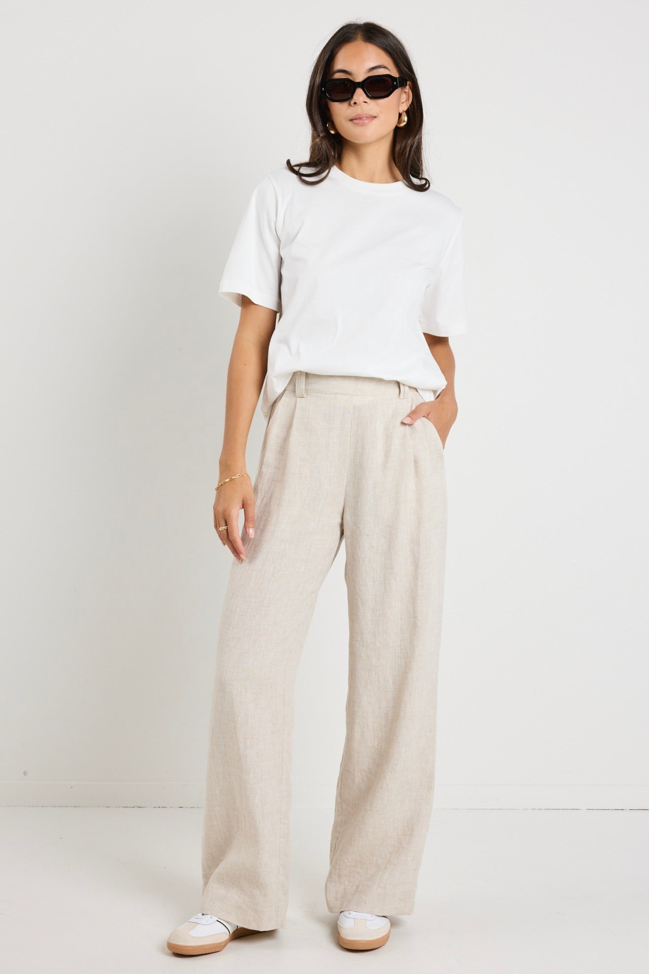 Bestow Natural Linen Elastic Waist Wide Leg Pants for Women - Comfortable Summer Lounge & Casual Wear