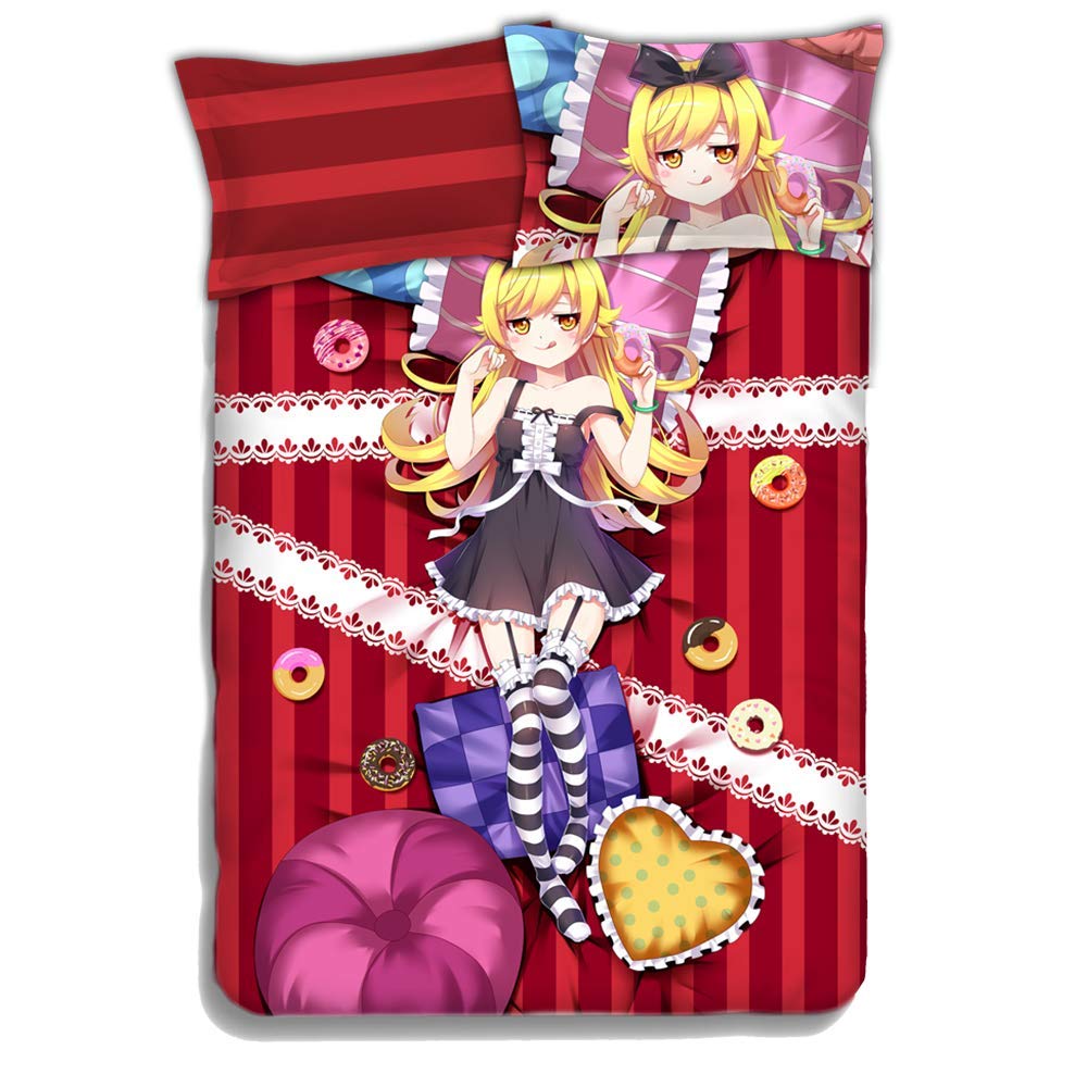 Oshino Shinobu Bakemonogatari Anime 4-Piece Bedding Set - King Size 200x220cm Flannel Duvet Cover & Pillowcases - Perfect for Anime Fans' Bedroom Decor & Themed Sleepovers