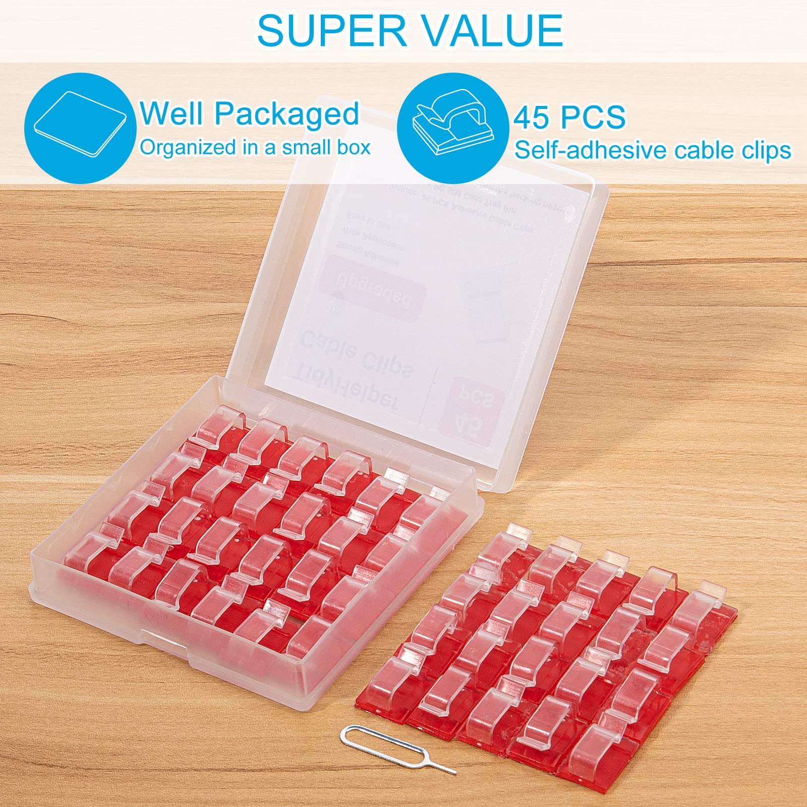 45-Pack Clear Adhesive Cable Clips - Small Wire Holders for Desk Cable Management, Christmas Light Clips & Cord Organizers - Perfect for Home Office, Under Desk Wiring & Outdoor Holiday Decorations