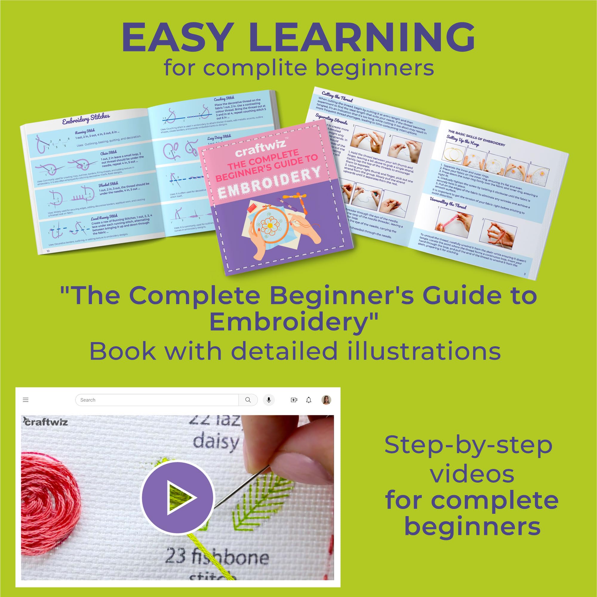 Craftwiz 4-Piece Beginner Embroidery Kit with Simple Patterns - Learn 29 Hand Embroidery Stitches for Teens & Adults - Perfect for DIY Crafts, Home Decor & Gift Making