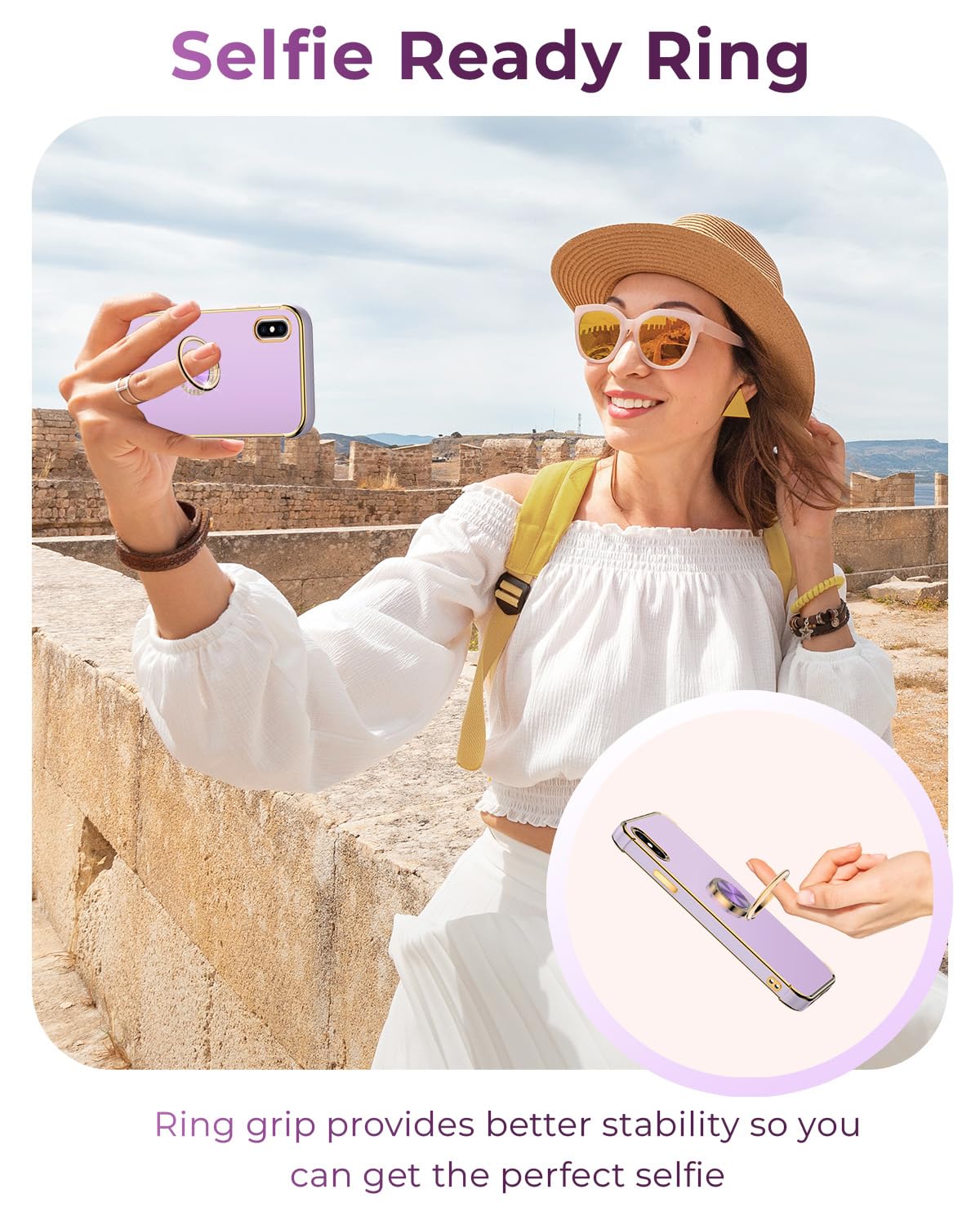 Premium Luxury Electroplated iPhone Xs Max Case with Ring Holder Stand & Lanyard - Soft TPU Shockproof Protective Cover for Women & Girls (Purple) - Perfect for Daily Use, Travel, and Hands-Free Convenience