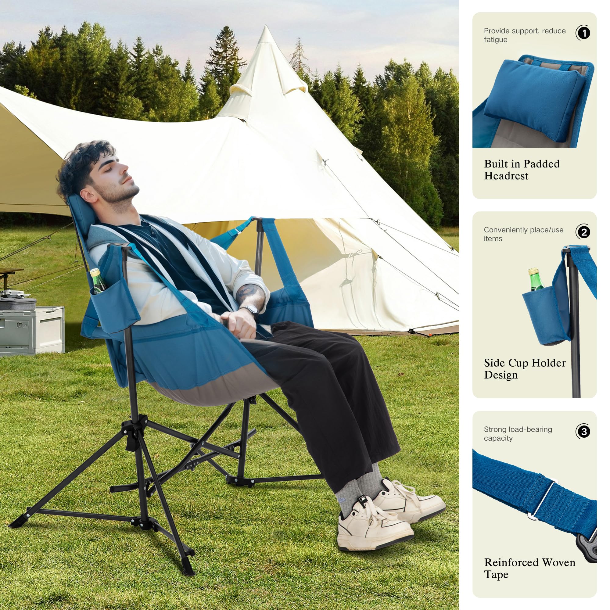 Portable Hammock Camping Chair for Adults - Adjustable Back & Swinging Design, Heavy Duty Folding Outdoor Rocking Chair with Cup Holder & High Back Support - Perfect for Backyard, Beach, Camping & Patio Relaxation (Blue)