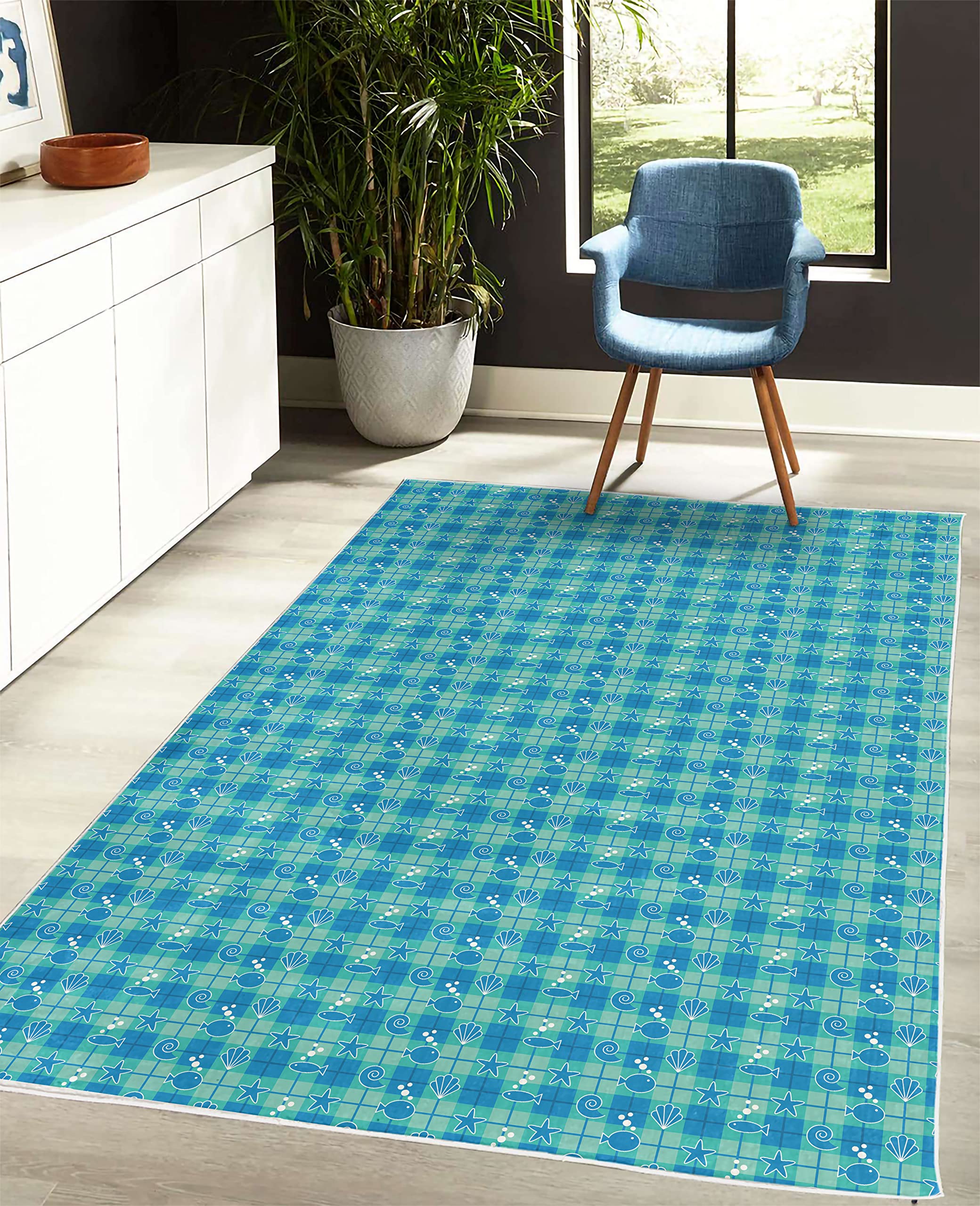 Ambesonne Sea Shells Plaid Pattern Area Rug - Cartoon Marine Silhouettes with Fish, Starfish & Bubbles - Soft Non-Slip Decorative Carpet for Bedroom, Living Room, Dorm - 4' x 5' 5