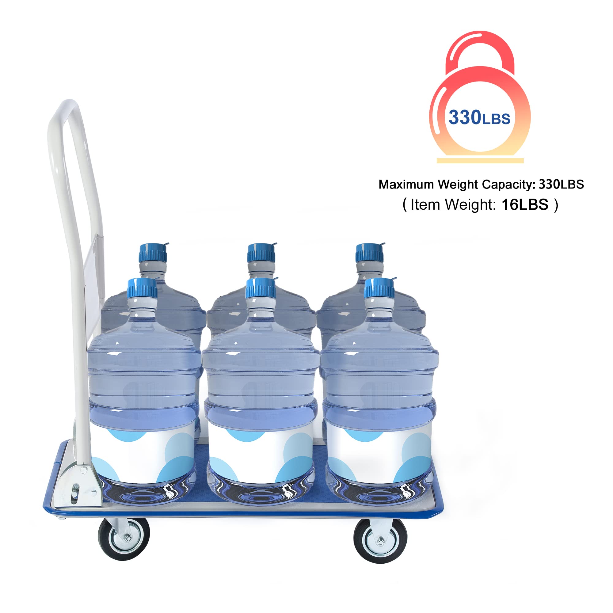 Foldable Platform Cart with Wheels - Heavy Duty 330 lbs Capacity Flatbed Dolly, Collapsible Push Cart for Warehouse, Garage & Home Use - Blue Rolling Tool Cart for Easy Transport