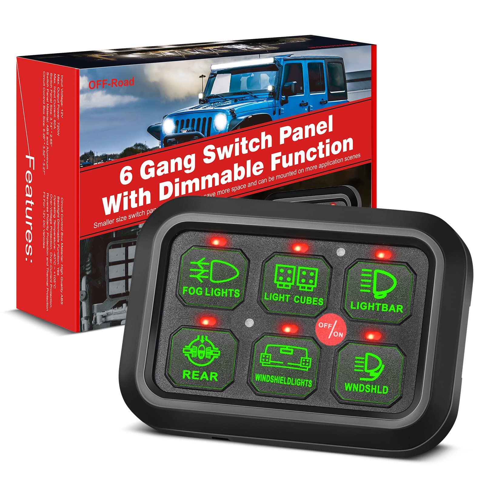 6 Gang Switch Panel Automatic Dimmable - Universal Electronic Relay System Circuit Control Box with On/Off LED Touch Switch for Trucks, UTV, ATV, Boats & Cars | Perfect for Off-Roading, Marine & Automotive Electrical Control