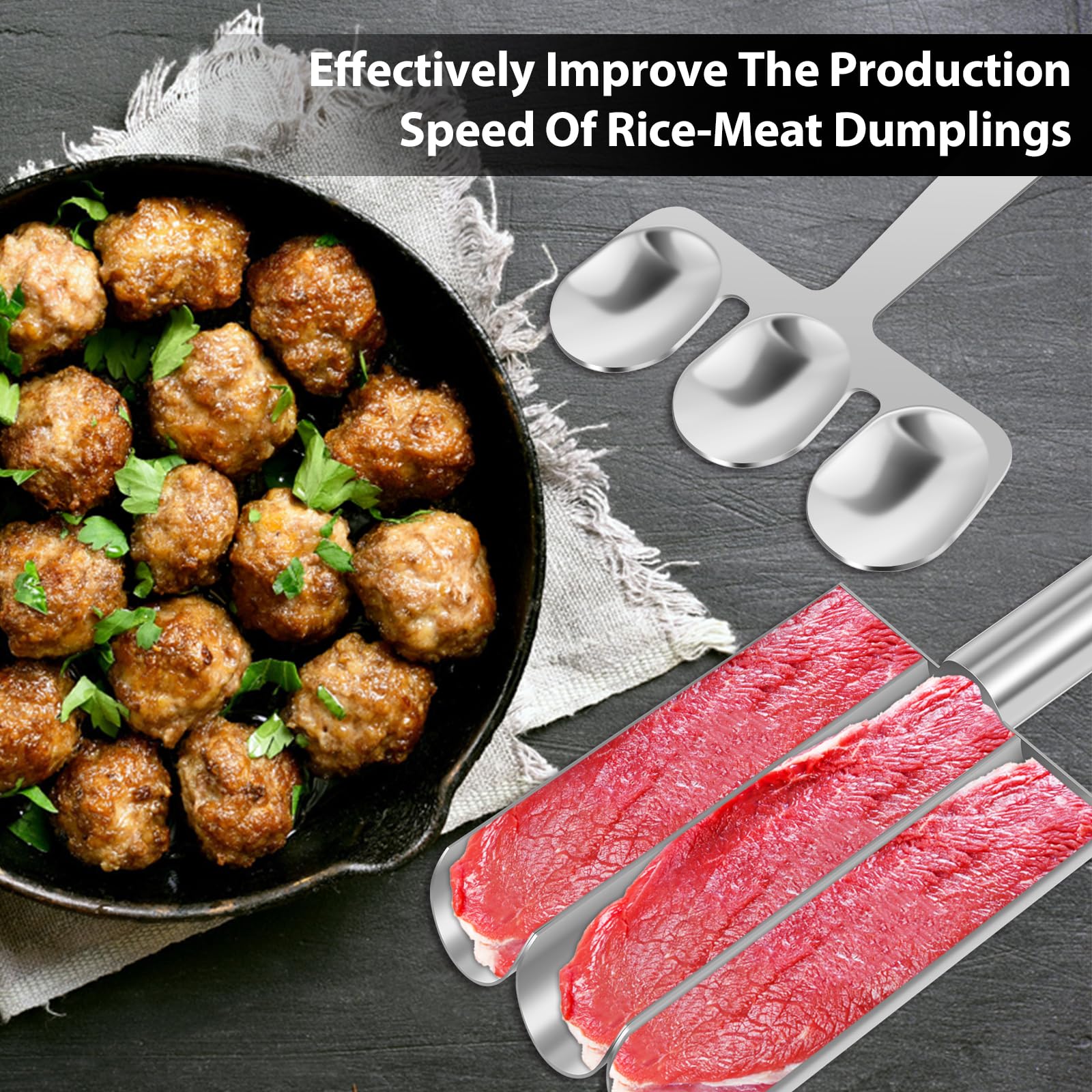 Stainless Steel Triple Meatball Scoop Maker with Scraper - Long Handle Manual Meat Baller for Perfect Meatballs & Cookie Dough - Ideal for Home Kitchen, Restaurant & Meal Prep