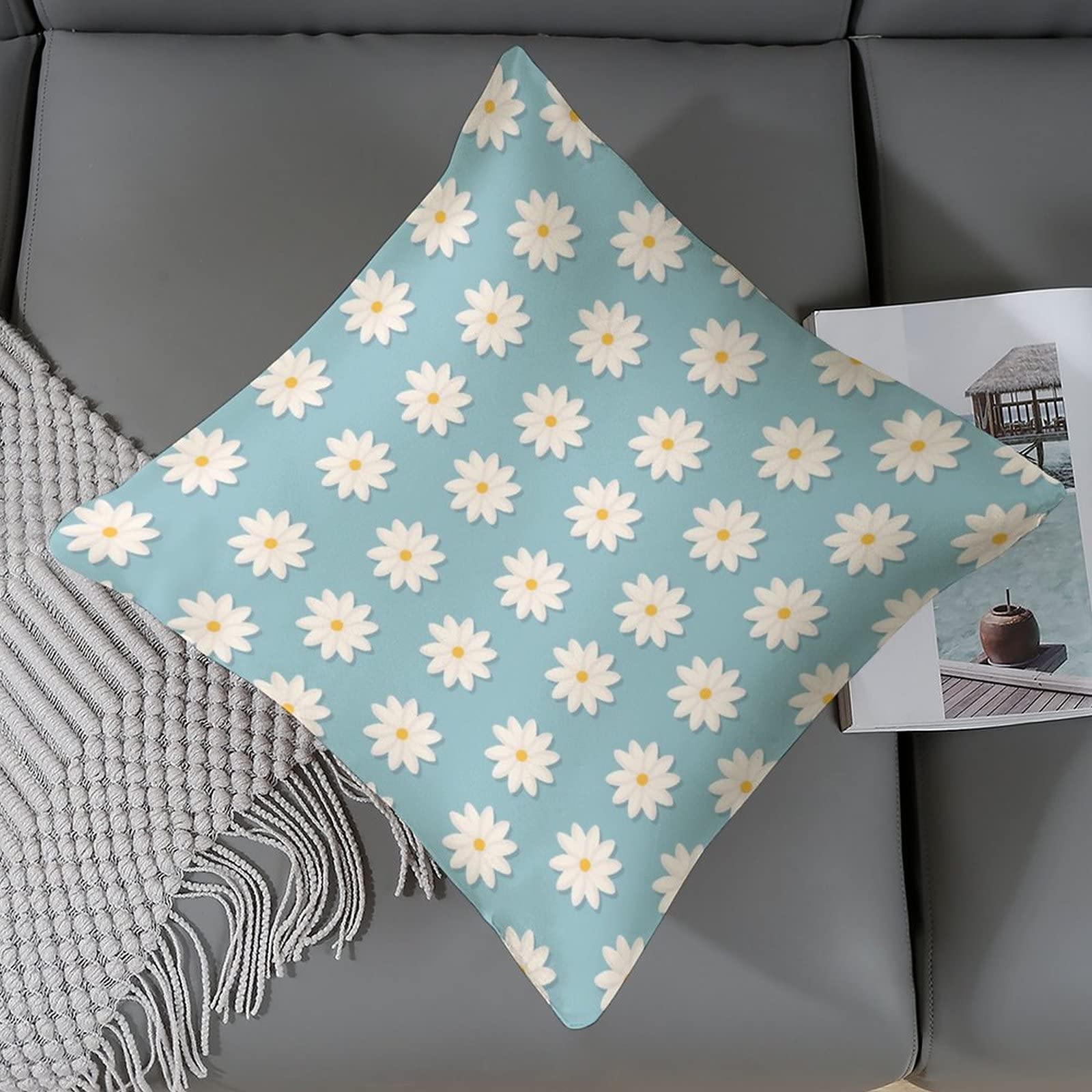 Blue and White Daisy Satin Pillow Covers 16x16 Inch - Summer Cooling Decorative Throw Pillows with Hidden Zipper for Sofa, Bed, Couch - Home Decor Gift for Women, Teachers, Housewarming