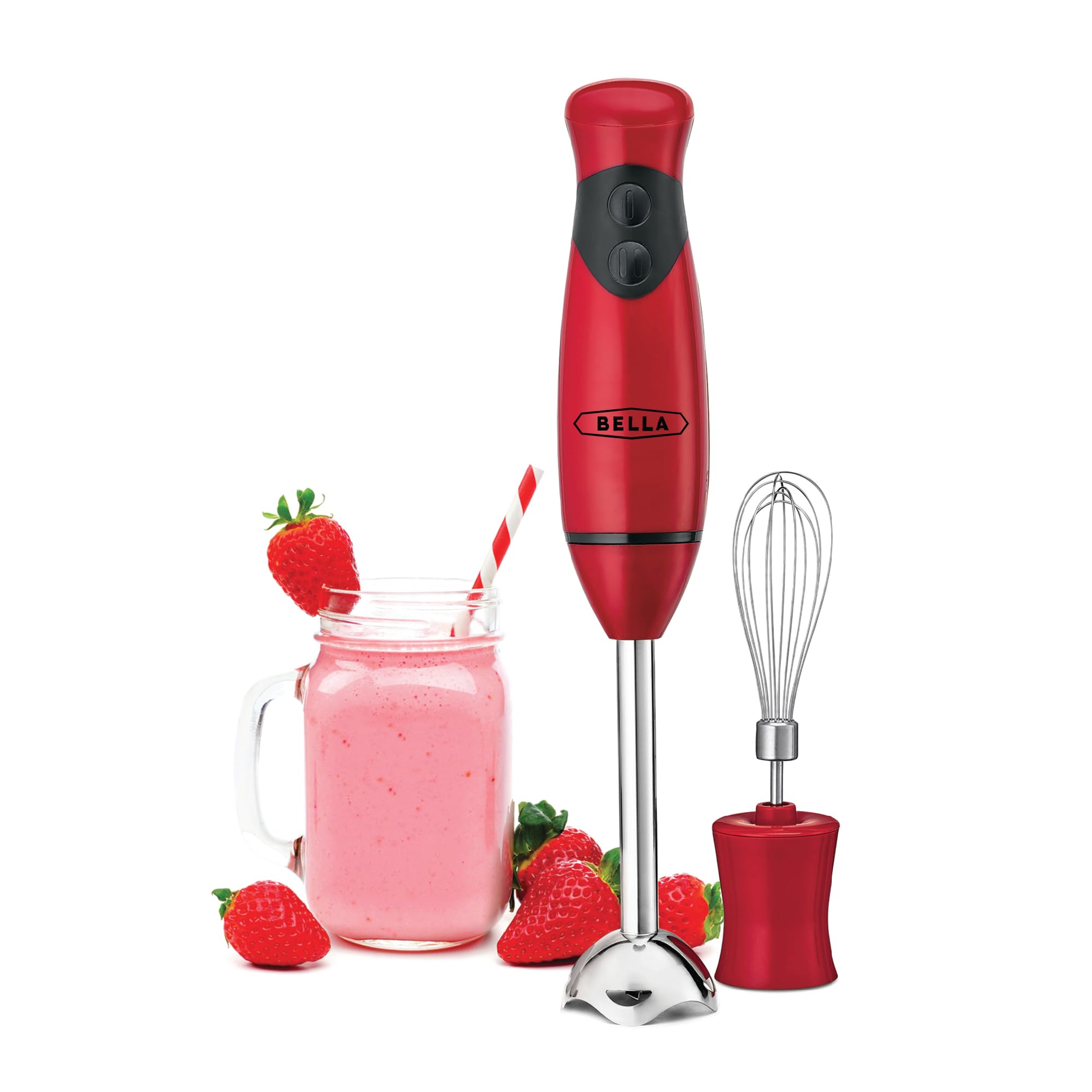 BELLA Immersion Hand Blender - 5-in-1 Electric Hand Mixer with Whisk Attachment for Juicing, Shakes, Baby Food & Smoothies | Stainless Steel Blender (Red) | Perfect for Kitchen, Baby Food Prep & Healthy Drinks