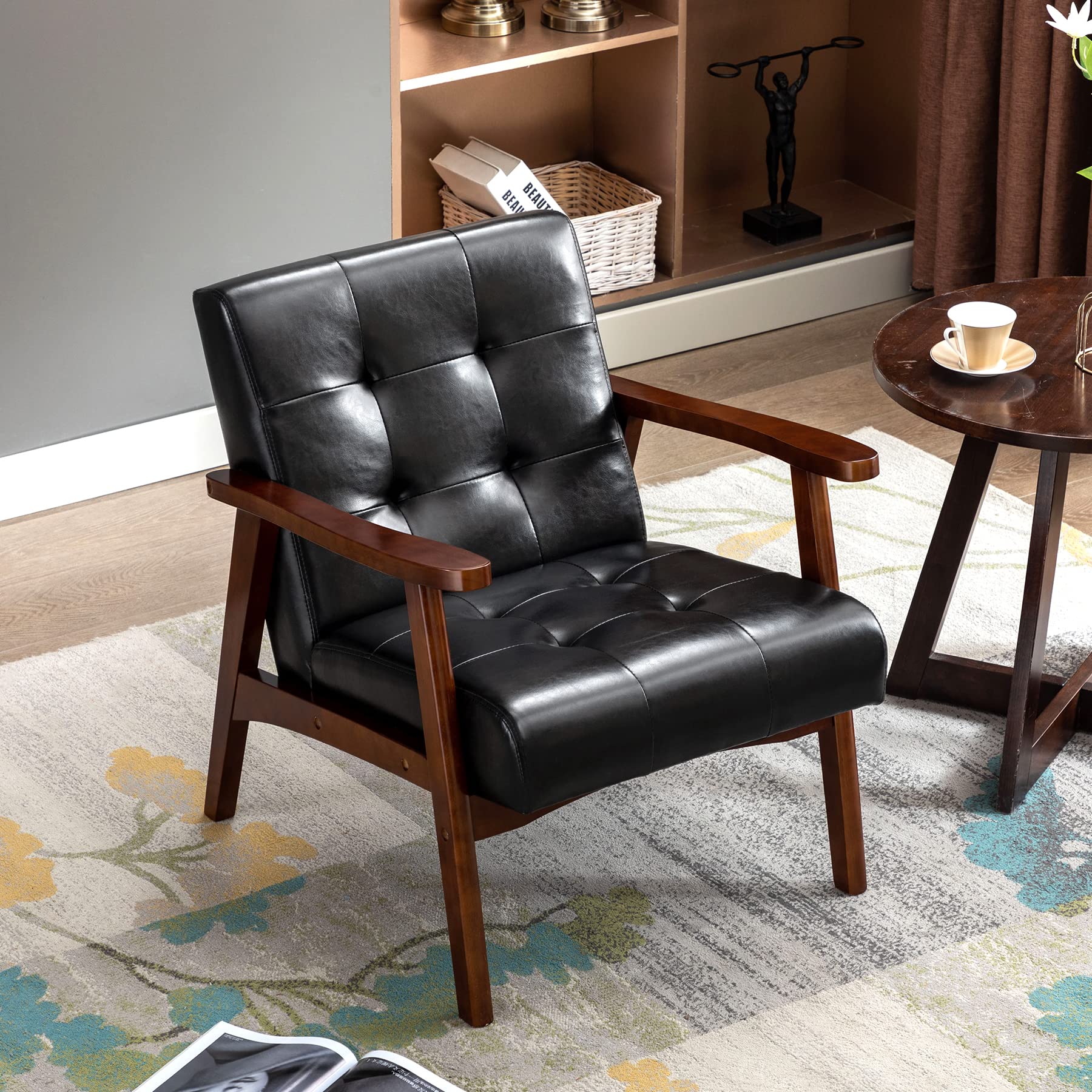 Oryxearth Mid-Century Modern Accent Chair - Retro PU Leather Upholstered Lounge Chair with Wooden Arms & Thick Padded Seat - Slanted Back Design for Living Room, Bedroom, Apartment - Perfect for Reading Nooks, Home Offices & Cozy Spaces (Black)