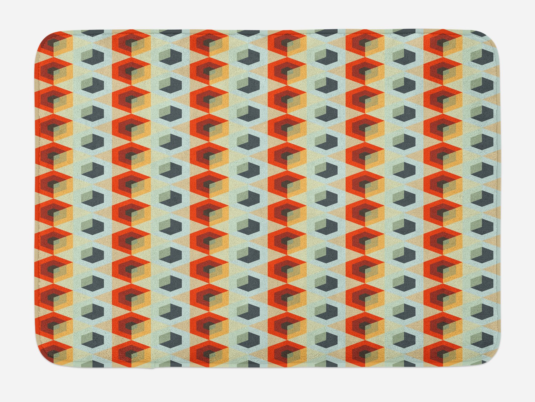 Ambesonne Geometric Bath Mat - Hexagonal Comb Pattern with Abstract Rhombus Borders, Non-Slip Plush Bathroom Rug, 30.2 x 20 Inches, Orange & Dark Blue - Modern Home Decor for Bathroom, Kitchen or Entryway