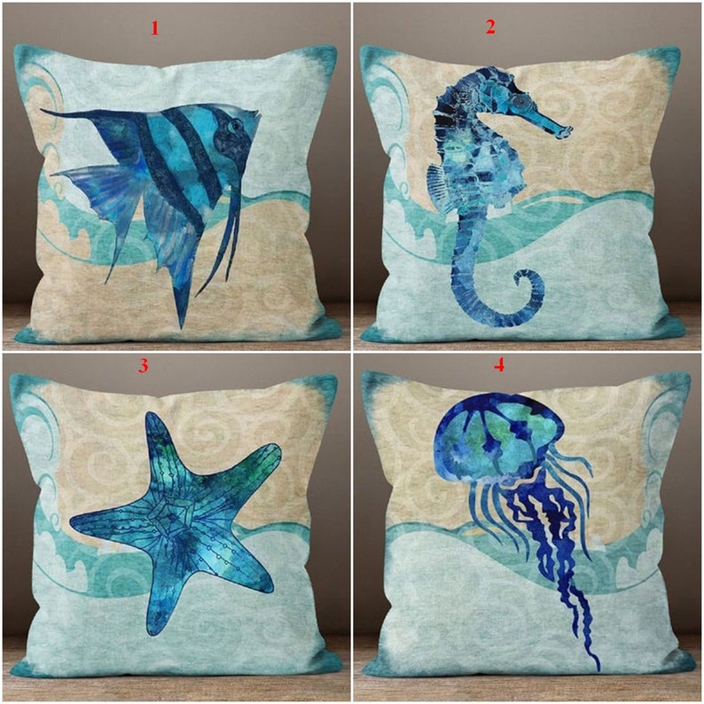 Ocean Sealife Set of 4 Decorative Pillow Covers - Underwater Marine Animal Print Cushion Covers for Living Room, Bedroom, or Beach House Decor