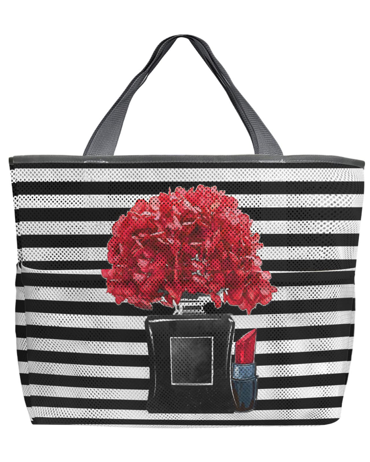 Funny Red Flower Mesh Beach Tote Bag - 60L Oversized Quick Dry Swim Bag with Pockets | Foldable 24
