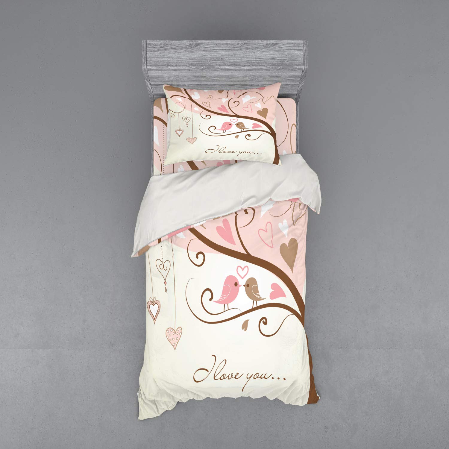 Ambesonne Love Birds on Branch 3-Piece Bedding Set - Abstract Heart Nature Print Duvet Cover with Sham & Fitted Sheet, Twin Size, Blush Brown Beige - Romantic Bedroom Decor for Couples & Nature Lovers