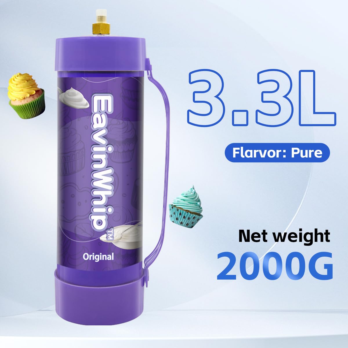 Premium 2000g 3.3L Whipped Cream Charger - Food Grade 99.95% Pure Nitrous Oxide (N2O) Tank with Nozzle - 2 Pack for Professional Desserts, Coffee Shops & Home Baking