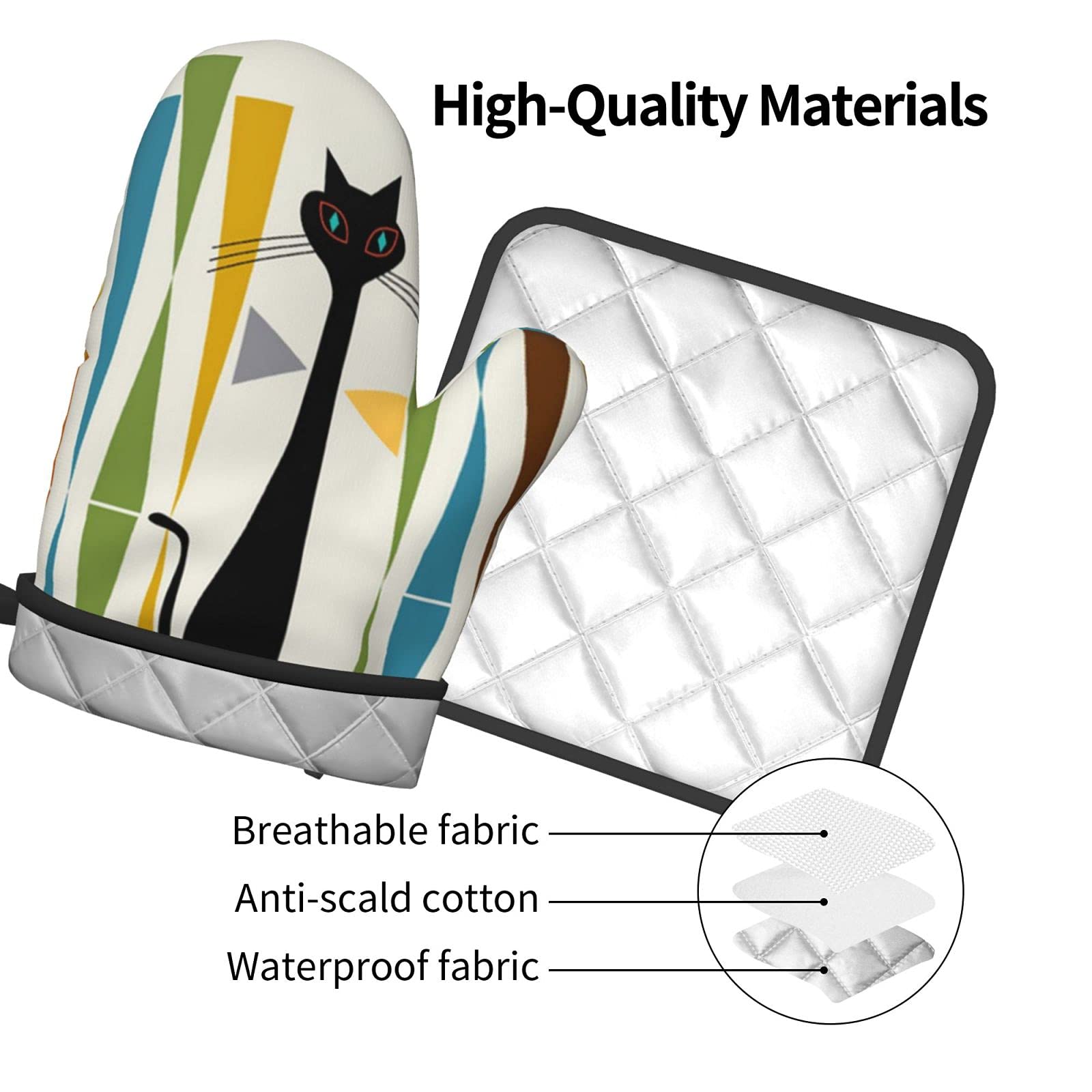 Vintage Mid-Century Modern Cat Art Oven Mitts & Pot Holders Set - Heat Resistant Kitchen Gloves for Cooking, Baking, Grilling - Non-Slip Polyester Hot Pads for Home Chefs & Cat Lovers