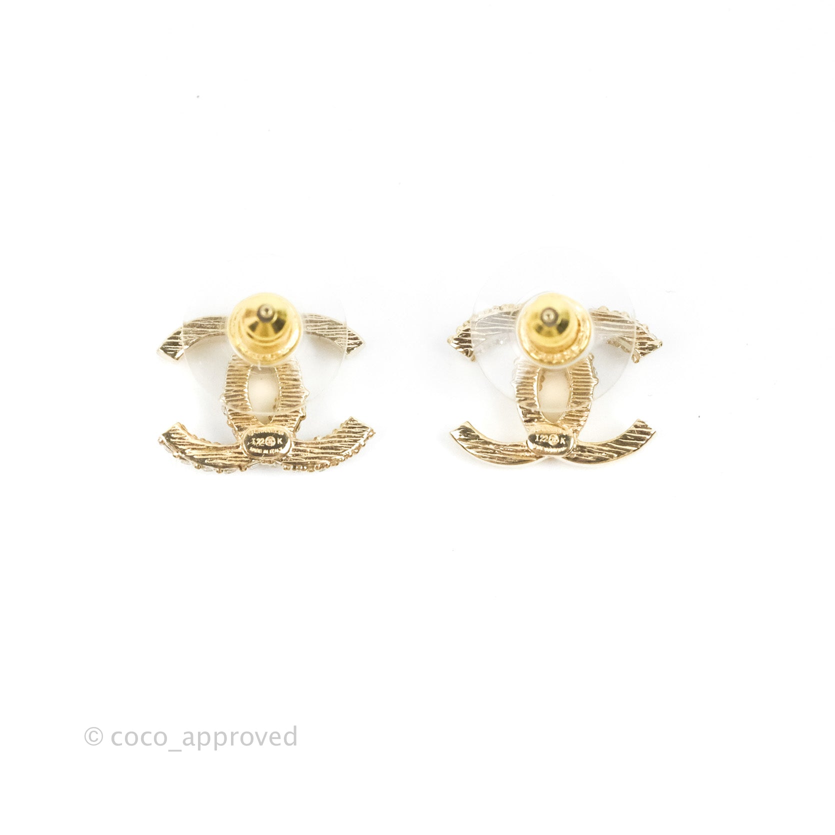 Chanel CC Crystal Stud Earrings 22K Gold Tone - Elegant Jewelry for Women, Perfect for Parties, Weddings & Special Occasions