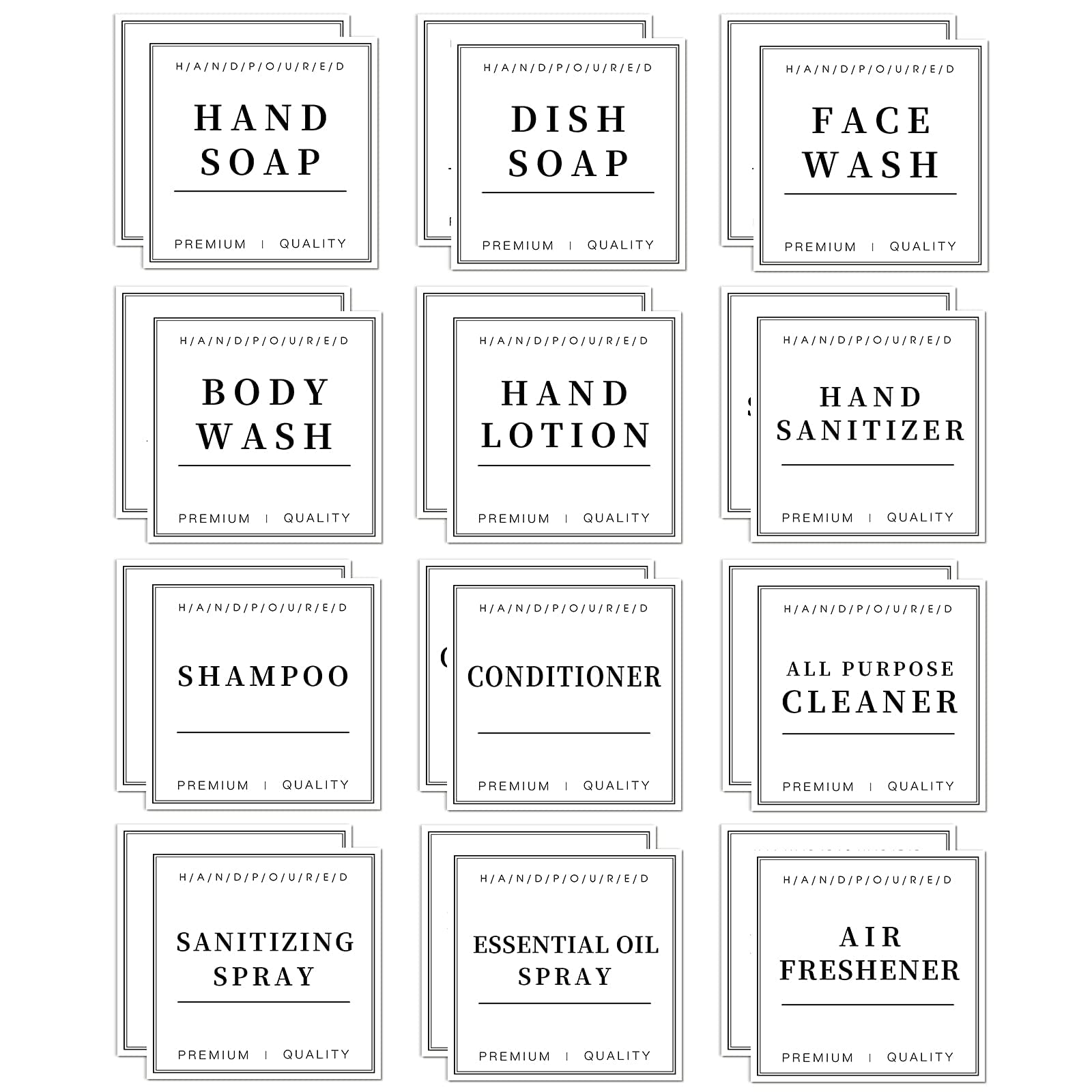 24 Pack White Waterproof Removable Labels for Bottles - Shampoo, Conditioner, Hand Soap Dispenser Stickers - Perfect for Glass & Plastic Spray Bottles - Ideal for Bathroom Organization & Cleaning Supplies Storage