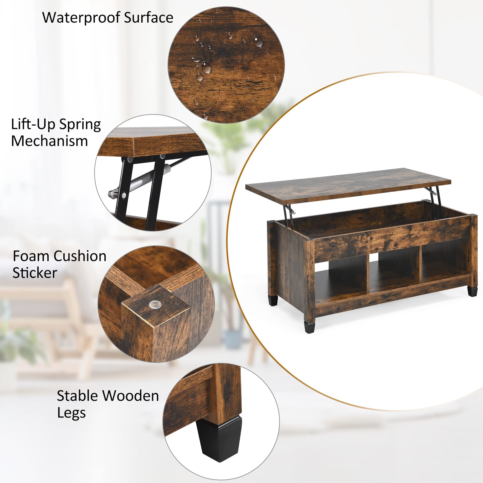 Modern Lift Top Coffee Table with Hidden Storage & Open Shelf - Rustic Brown Moccha Wood Cocktail Table for Living Room, Office, Reception - Pop-Up Tabletop for Laptop Use, Extra Storage Space