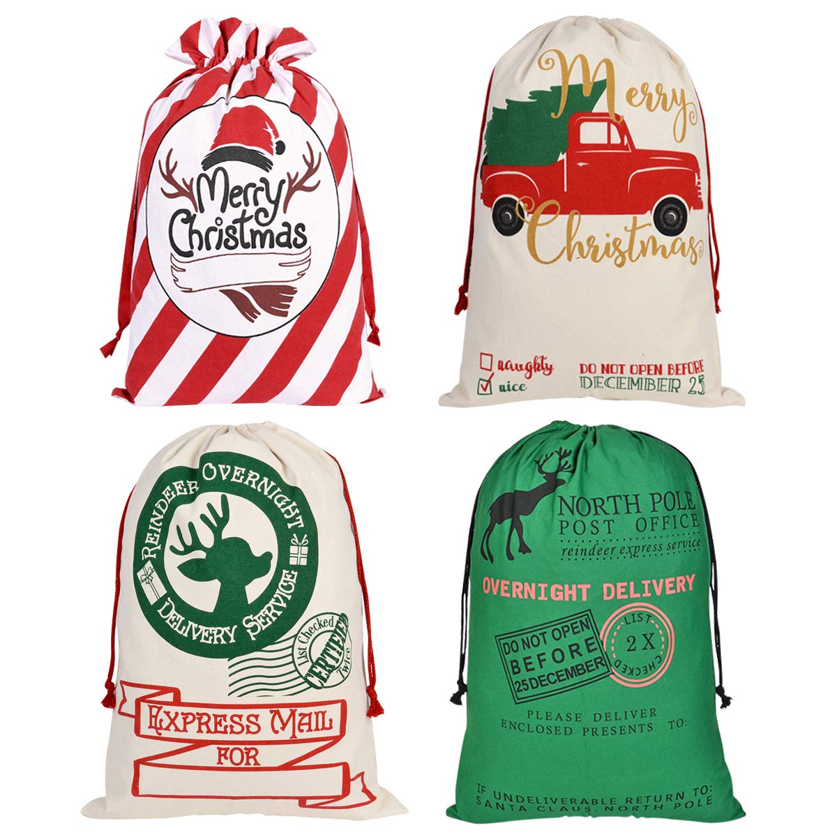 4 Pack Large Christmas Gift Bags - Santa Drawstring Canvas Sacks (3x27.5x19.7in + 1x25.6x17.7in) | Reusable Holiday Storage Bags for Xmas Presents, Stocking Stuffers & Home Organization