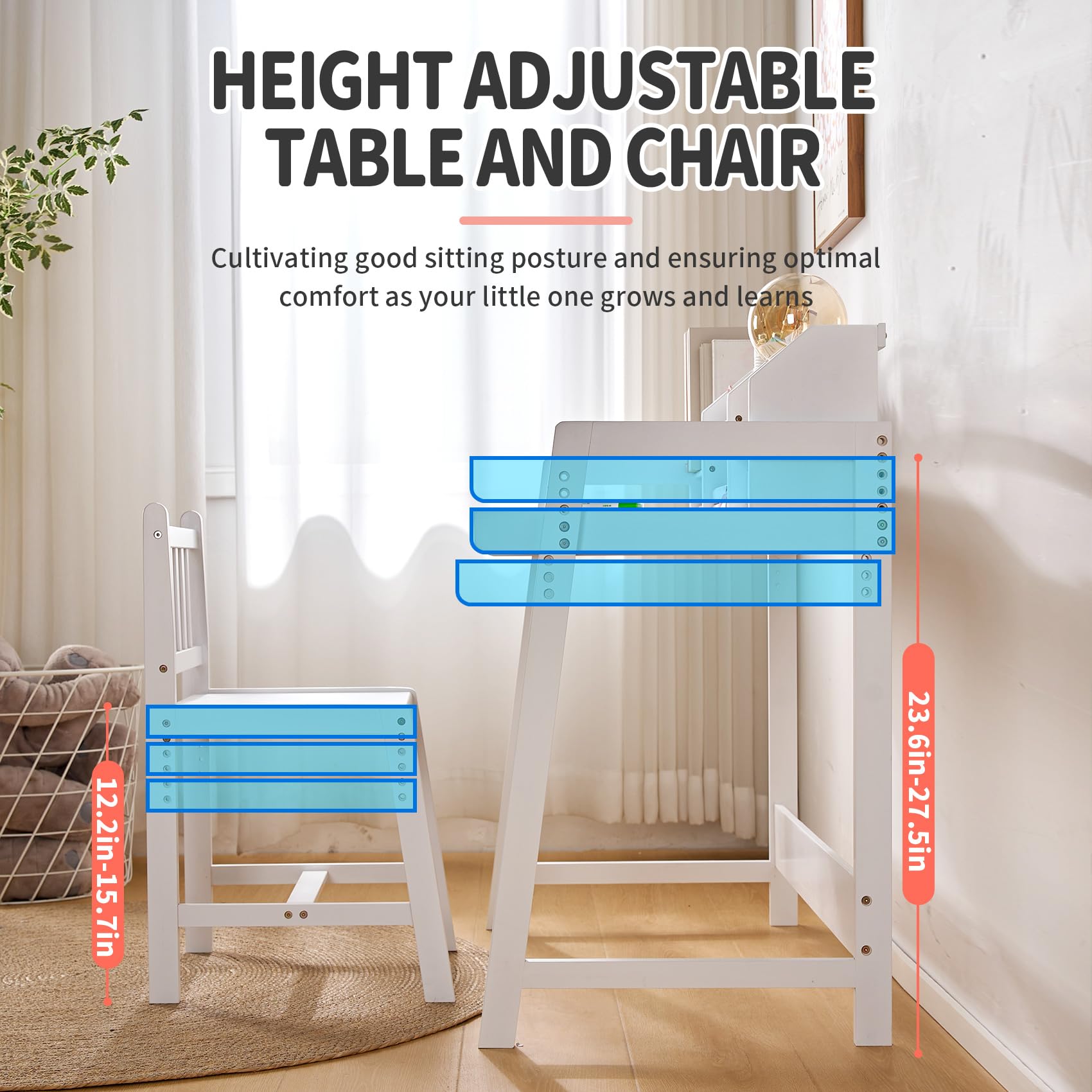 UNICOO Adjustable Height Bamboo Kids Desk and Chair Set - Ergonomic Study Desk for Children, Perfect for Writing, Drawing & Homework - Eco-Friendly & Durable Kids Furniture for Bedroom, Classroom & Homeschooling (White)