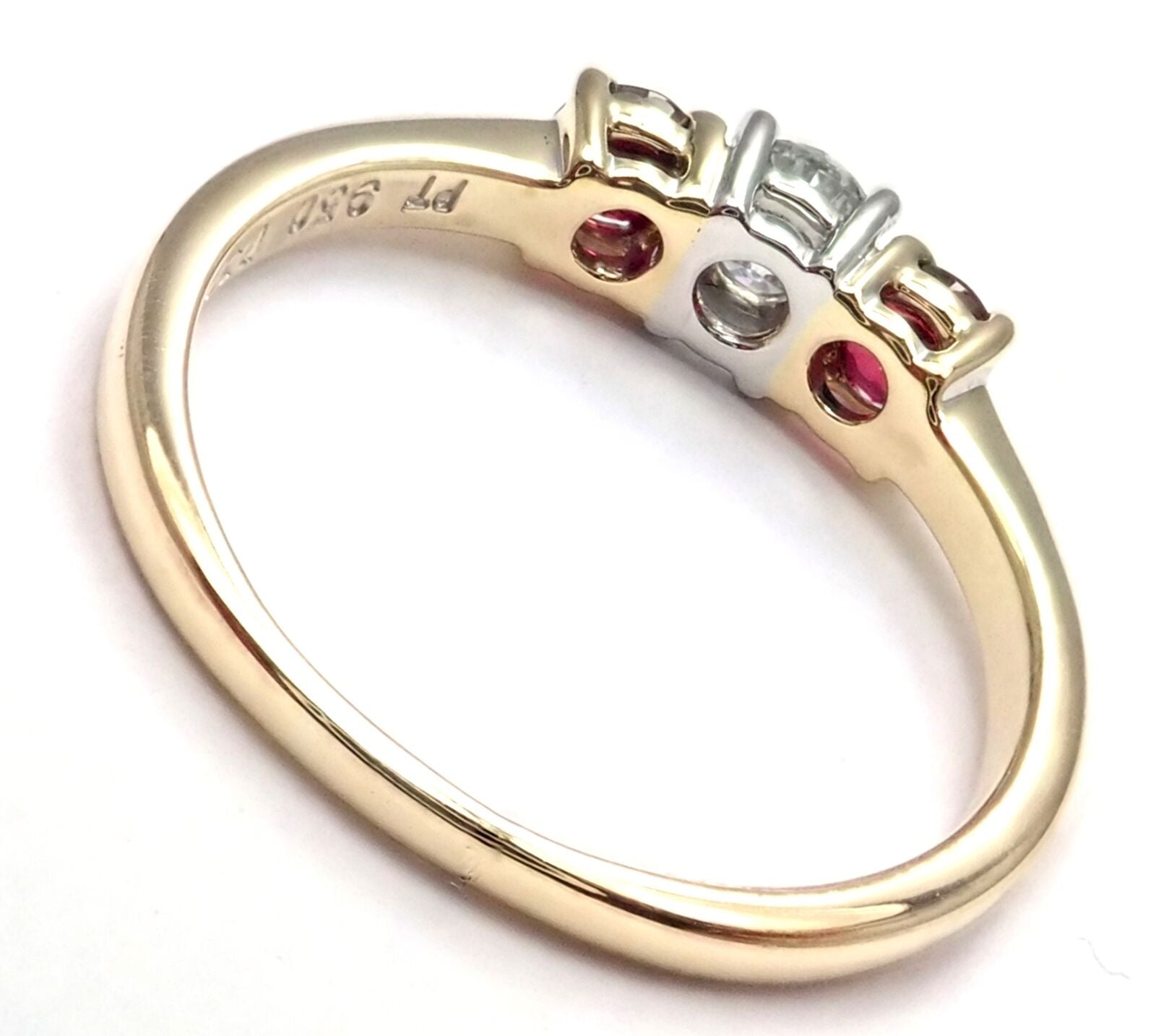 Authentic Tiffany & Co 18k Gold Platinum Three Stone Diamond Ruby Band Ring for Women - Elegant Wedding, Engagement & Anniversary Jewelry Gift