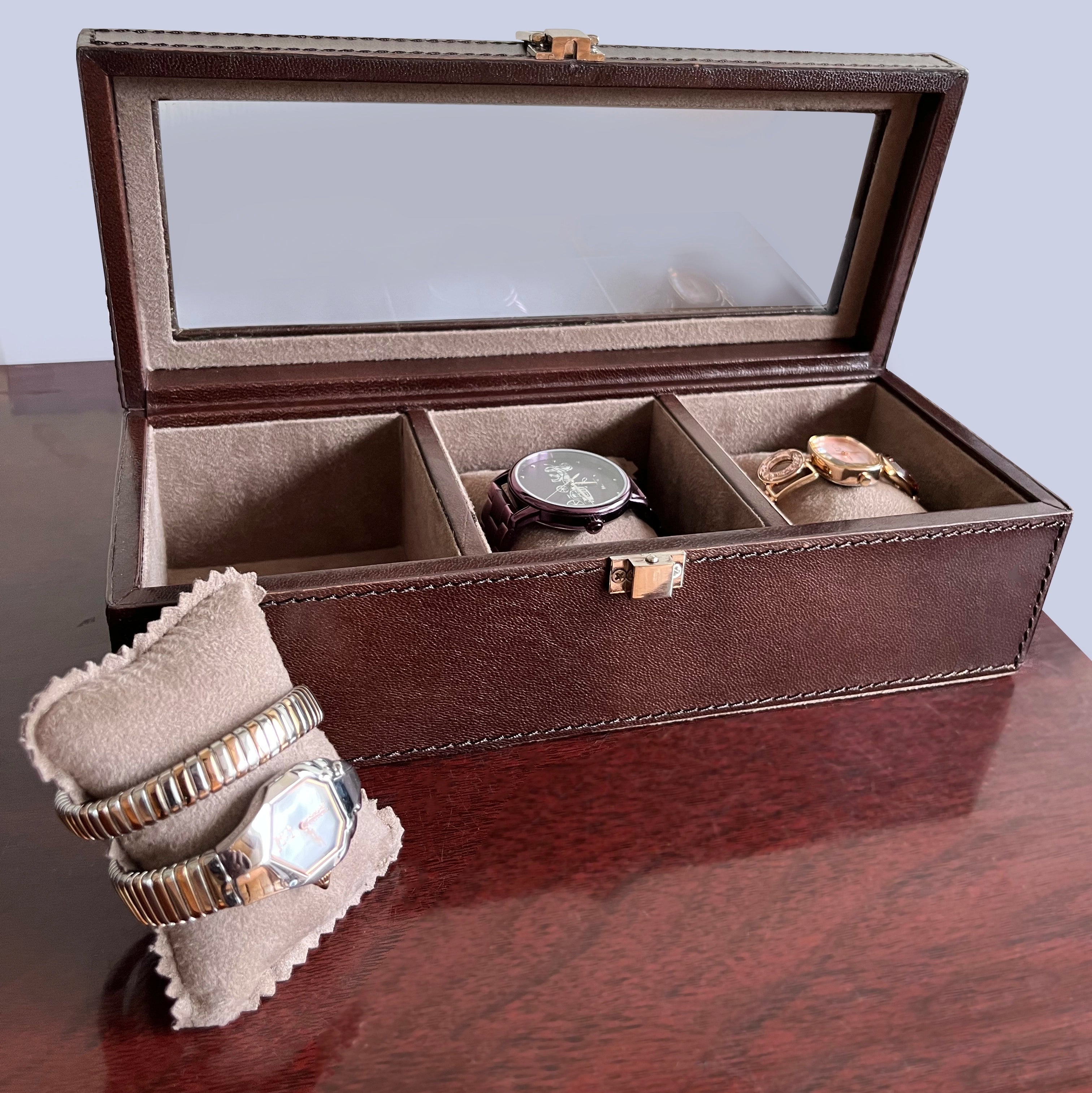 Premium 3-Slot Leather Watch Case - Brown | Luxury Watch Storage & Travel Organizer for Men & Women | Perfect for Home, Office & Travel Accessories