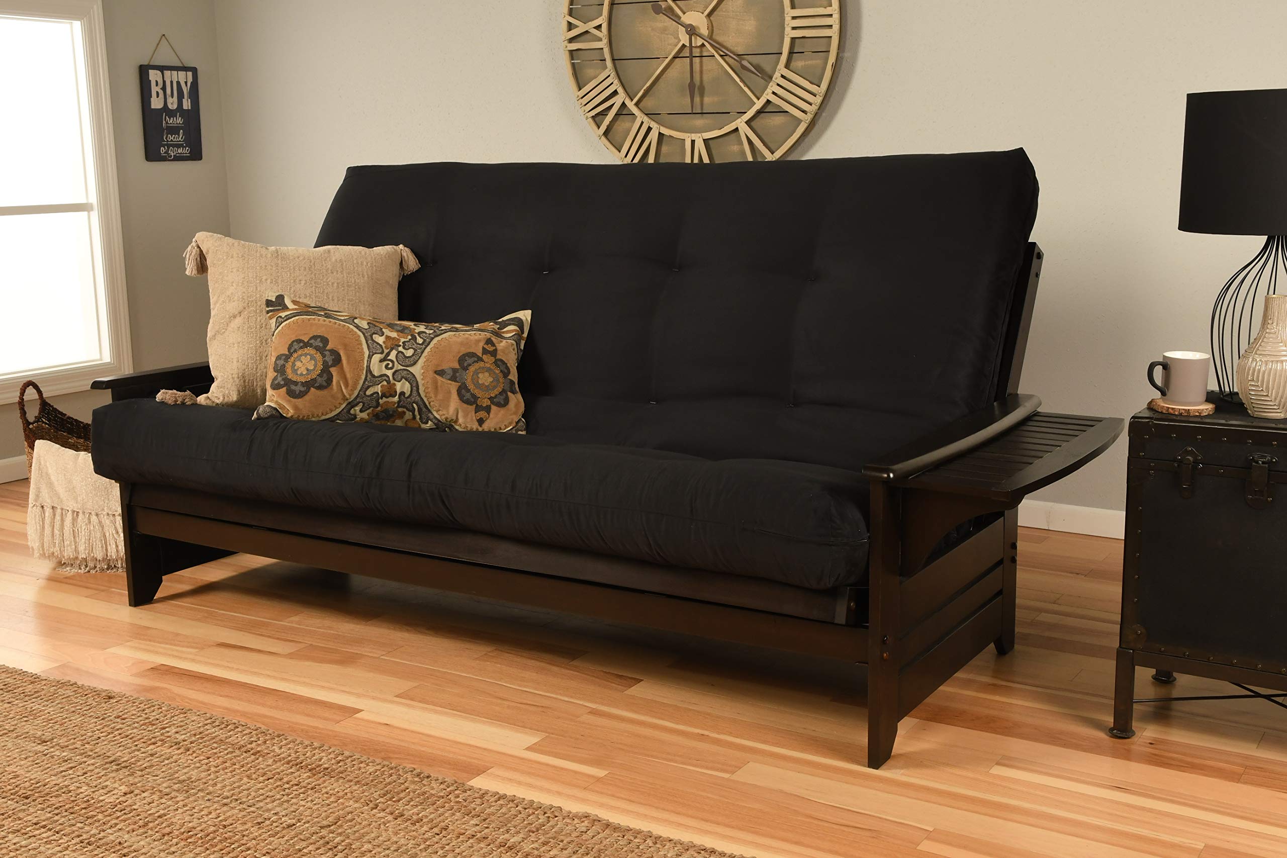 Kodiak Furniture Phoenix Queen Size Futon Sofa Bed with Soft Suede Fabric Mattress in Espresso & Blue - Perfect for Small Spaces, Guest Rooms & Dorm Rooms