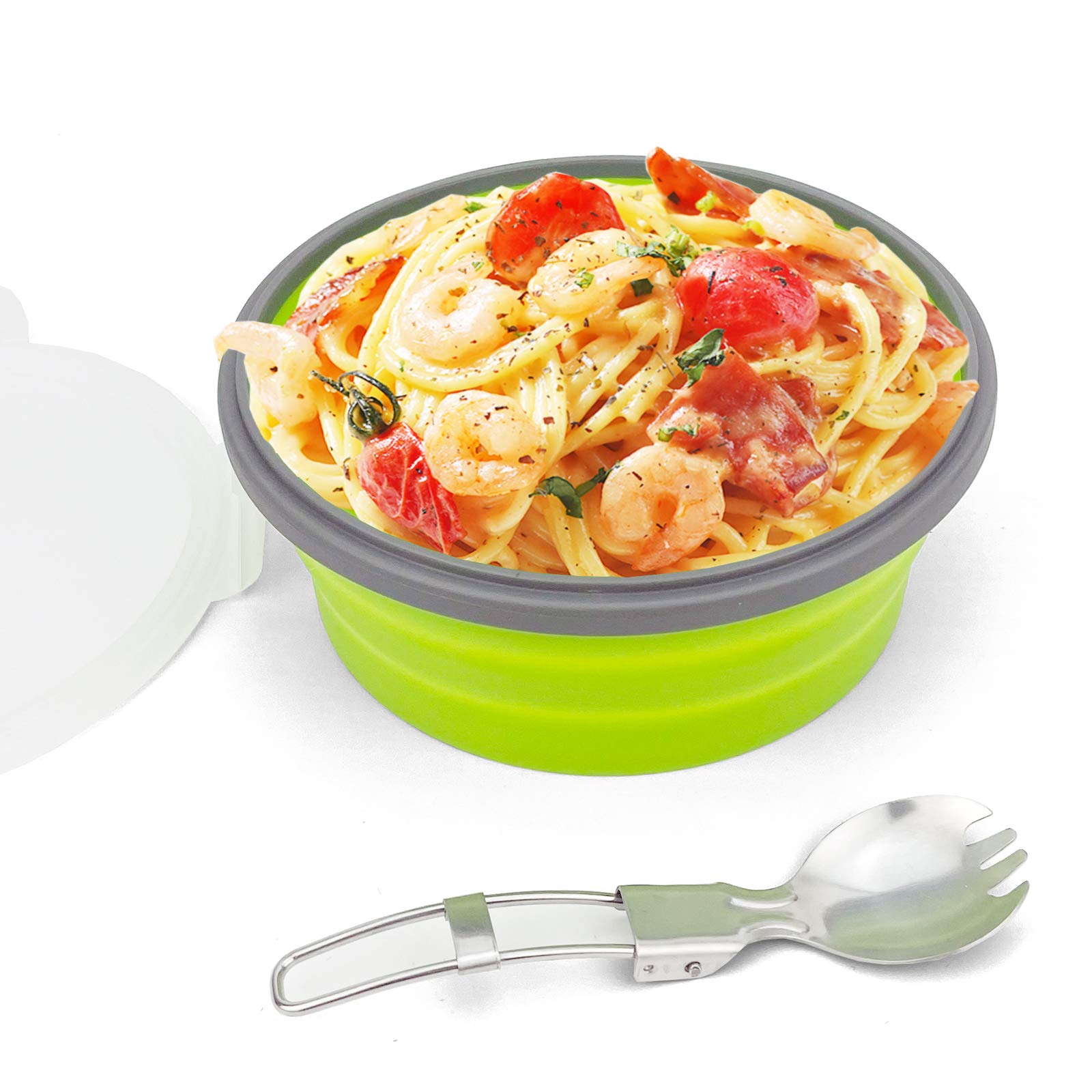 CCyanzi 1200ml Collapsible Silicone Camping Bowl with Lid - Foldable Stainless Steel Fork & Spoon Included - Perfect for Camping, Hiking, Picnics, RV Trips, Food Storage, Microwave & Fridge Use