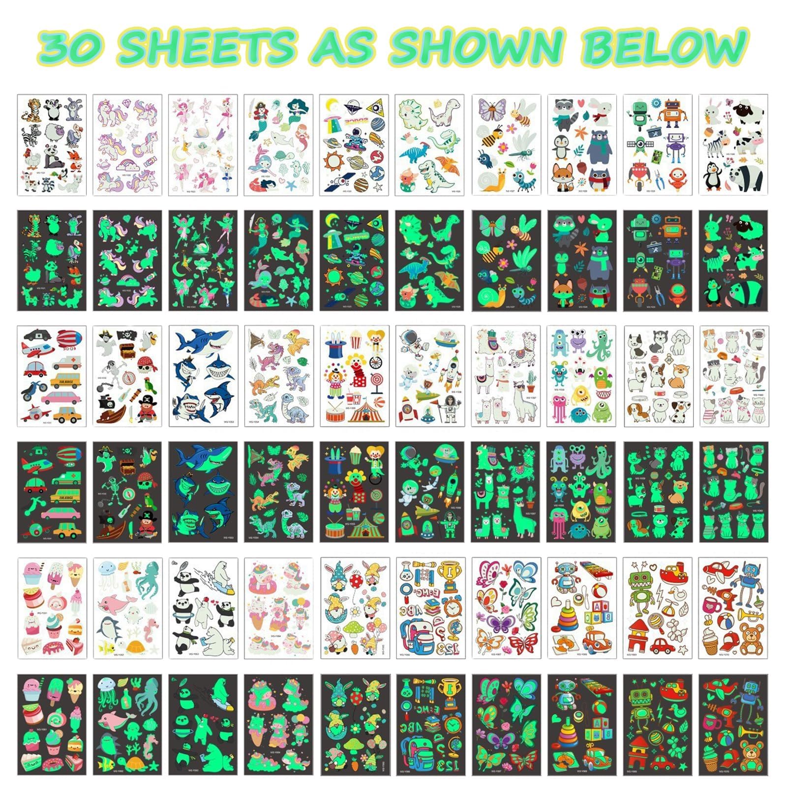30 Sheets 380PCS Glow in the Dark Temporary Tattoos for Kids - Fun Face & Body Stickers for Boys & Girls Birthday Parties, Halloween, Christmas Decorations & Holiday Supplies - Perfect for Costumes, Events & DIY Makeup